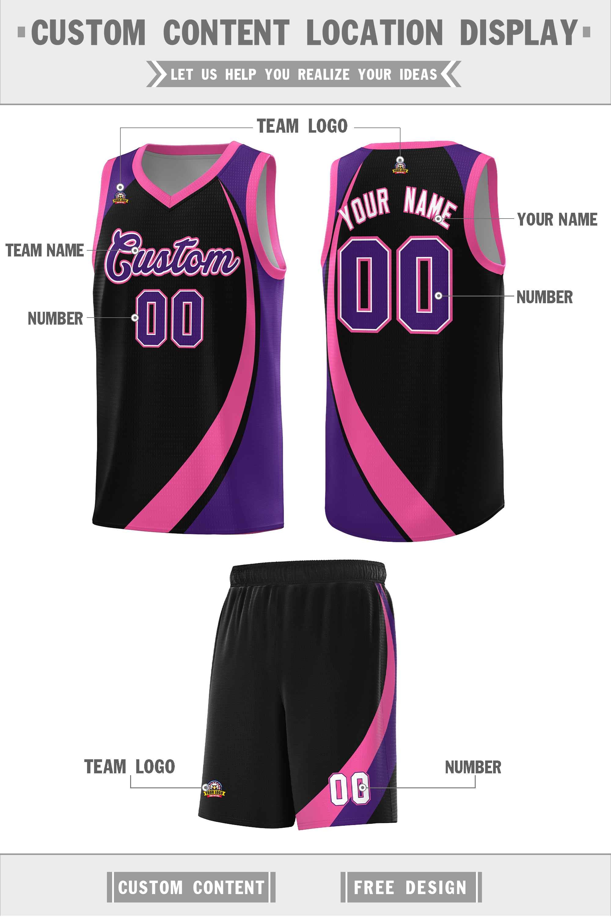 Custom Black Pink-Purple Color Block Sports Uniform Basketball Jersey