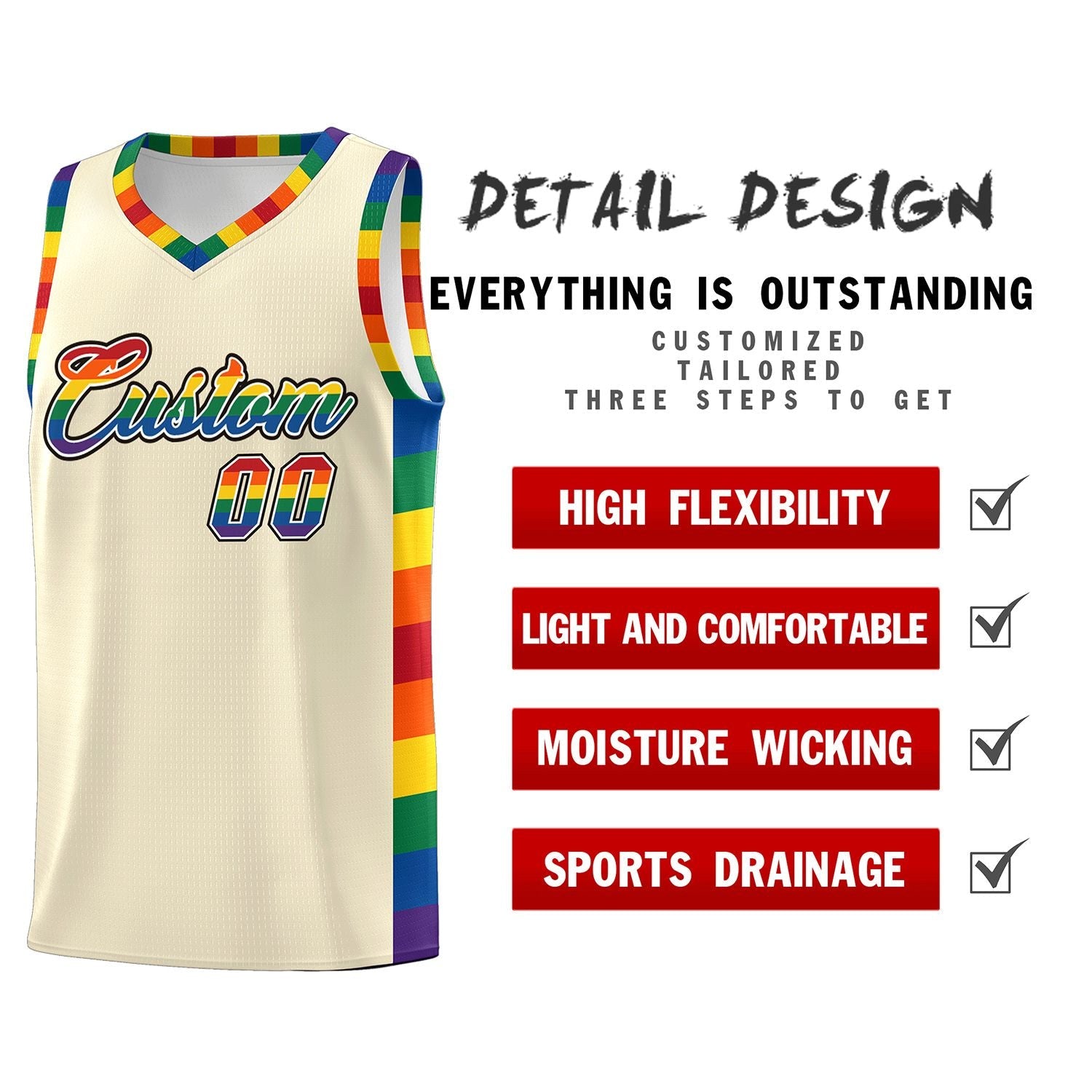 Custom Cream LGBT Rainbow For Pride Month Sports Uniform Basketball Jersey