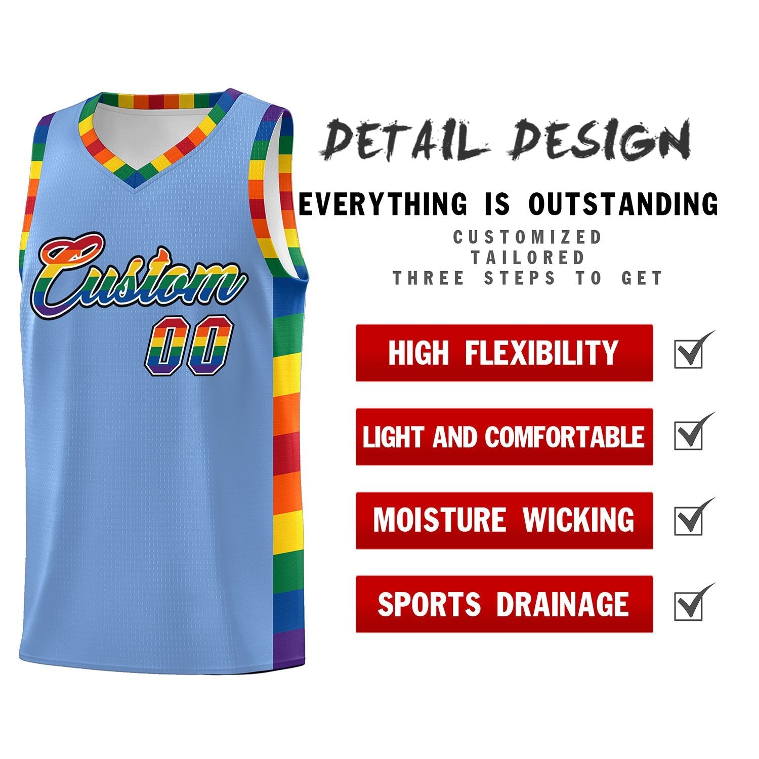 Custom Light Blue LGBT Rainbow For Pride Month Sports Uniform Basketball Jersey