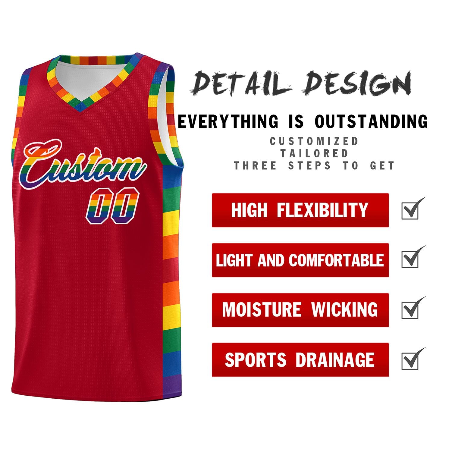 Custom Red LGBT Rainbow For Pride Month Sports Uniform Basketball Jersey