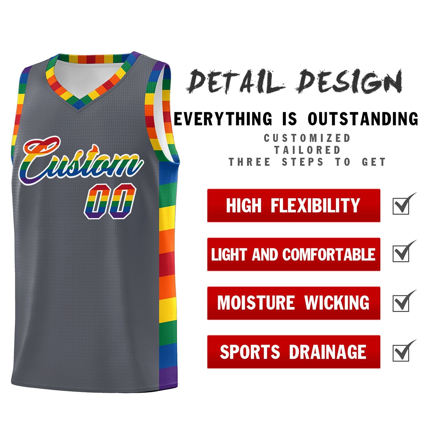 Custom Dark Gray LGBT Rainbow For Pride Month Sports Uniform Basketball Jersey