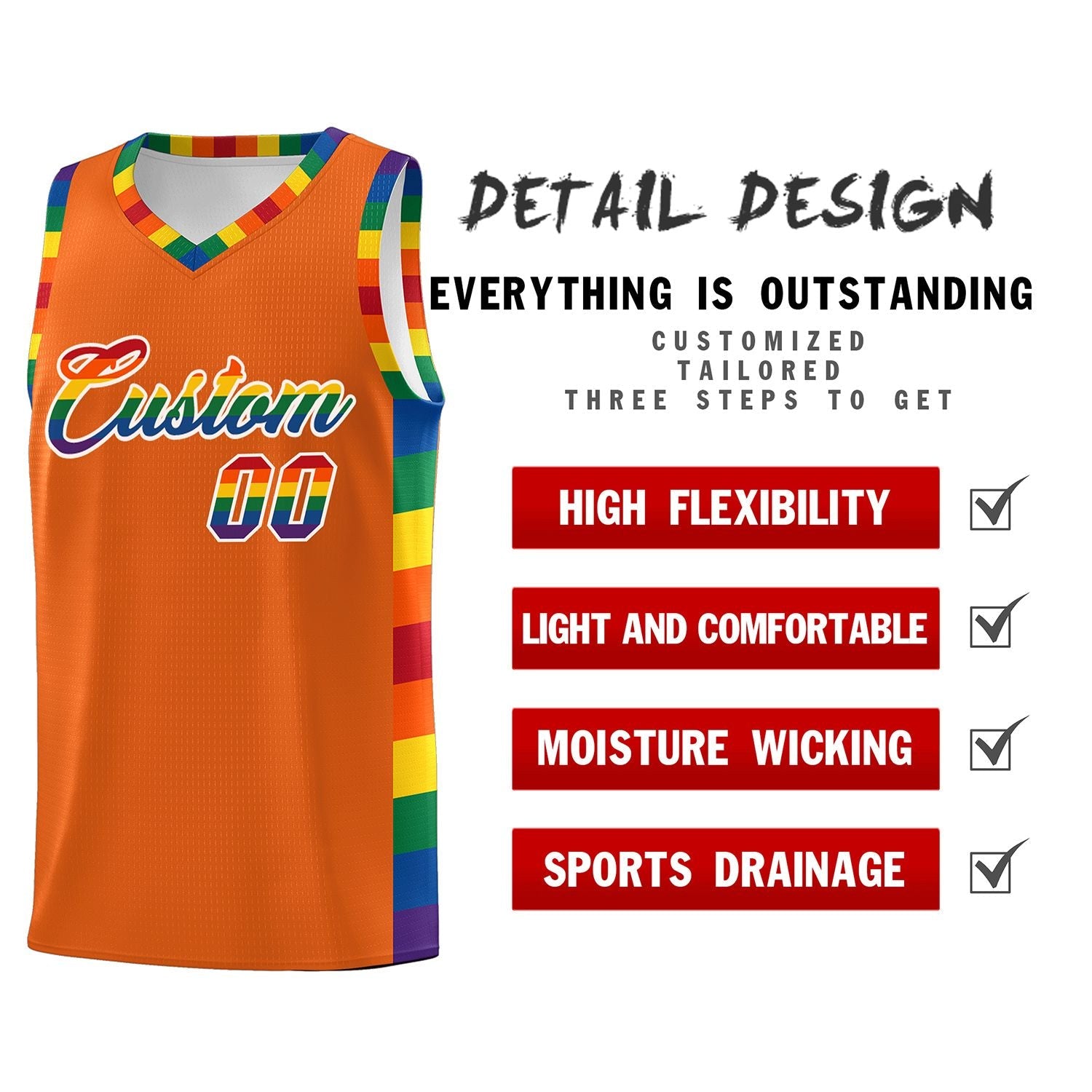 Custom Orange LGBT Rainbow For Pride Month Sports Uniform Basketball Jersey