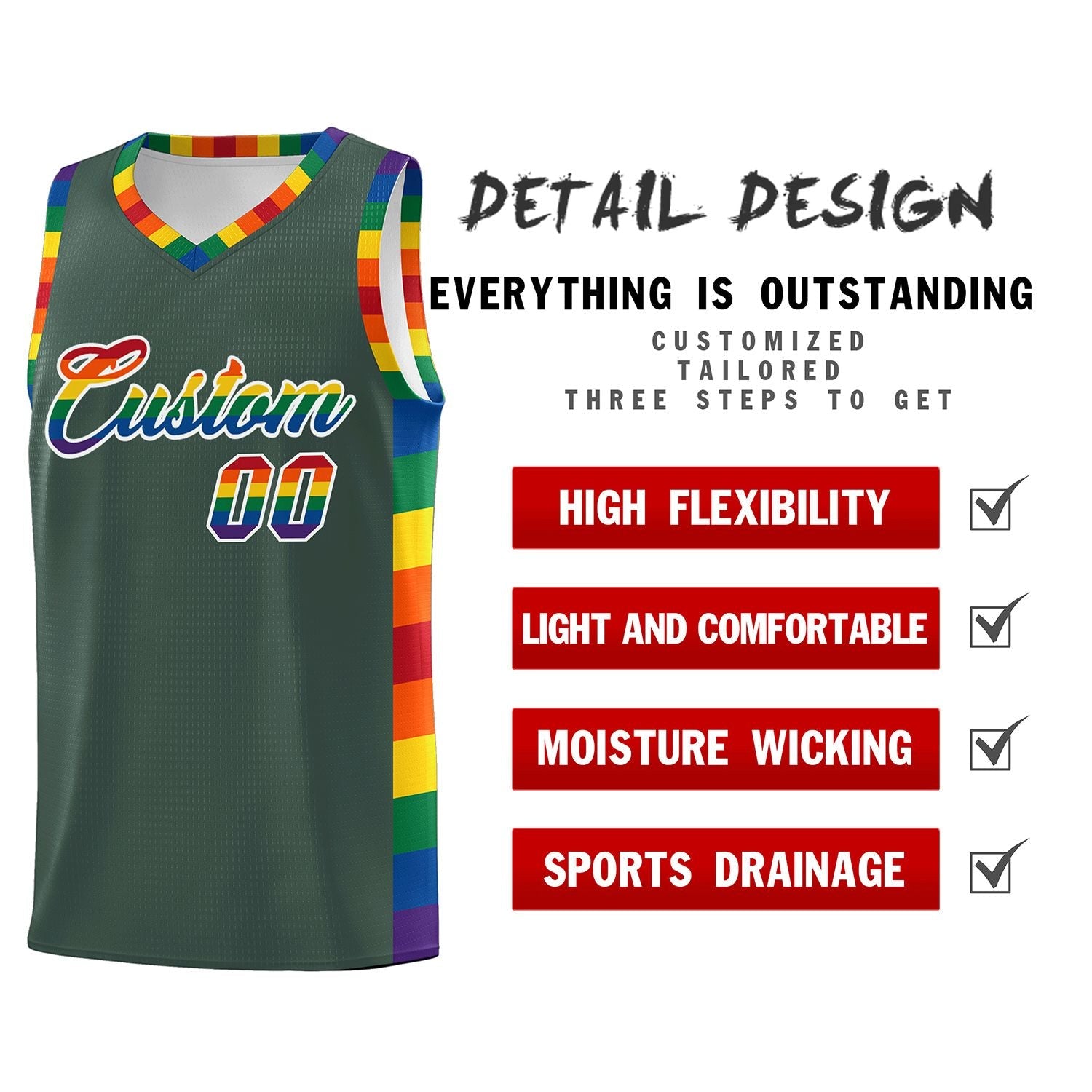 Custom Hunter Green LGBT Rainbow For Pride Month Sports Uniform Basketball Jersey