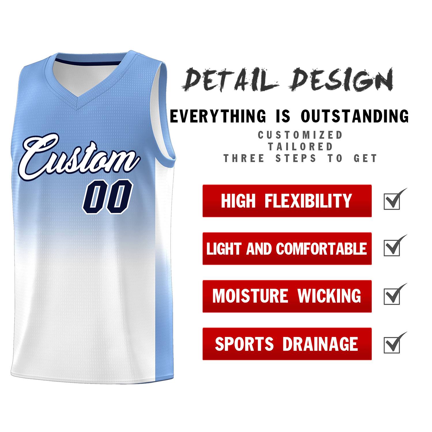 Custom Light Blue White Gradient Fashion Sets Sports Uniform Basketball Jersey