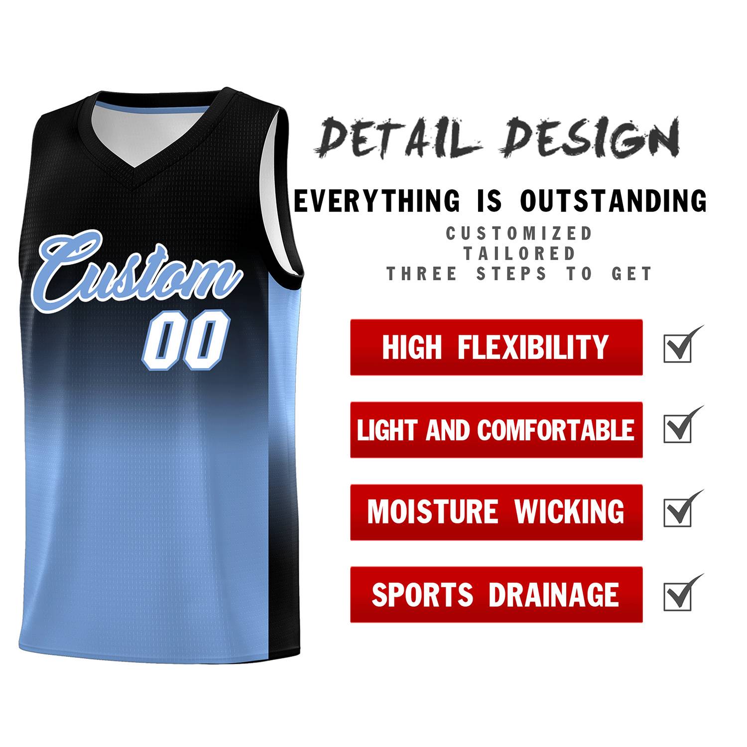 Custom Black Light Blue Gradient Fashion Sets Sports Uniform Basketball Jersey