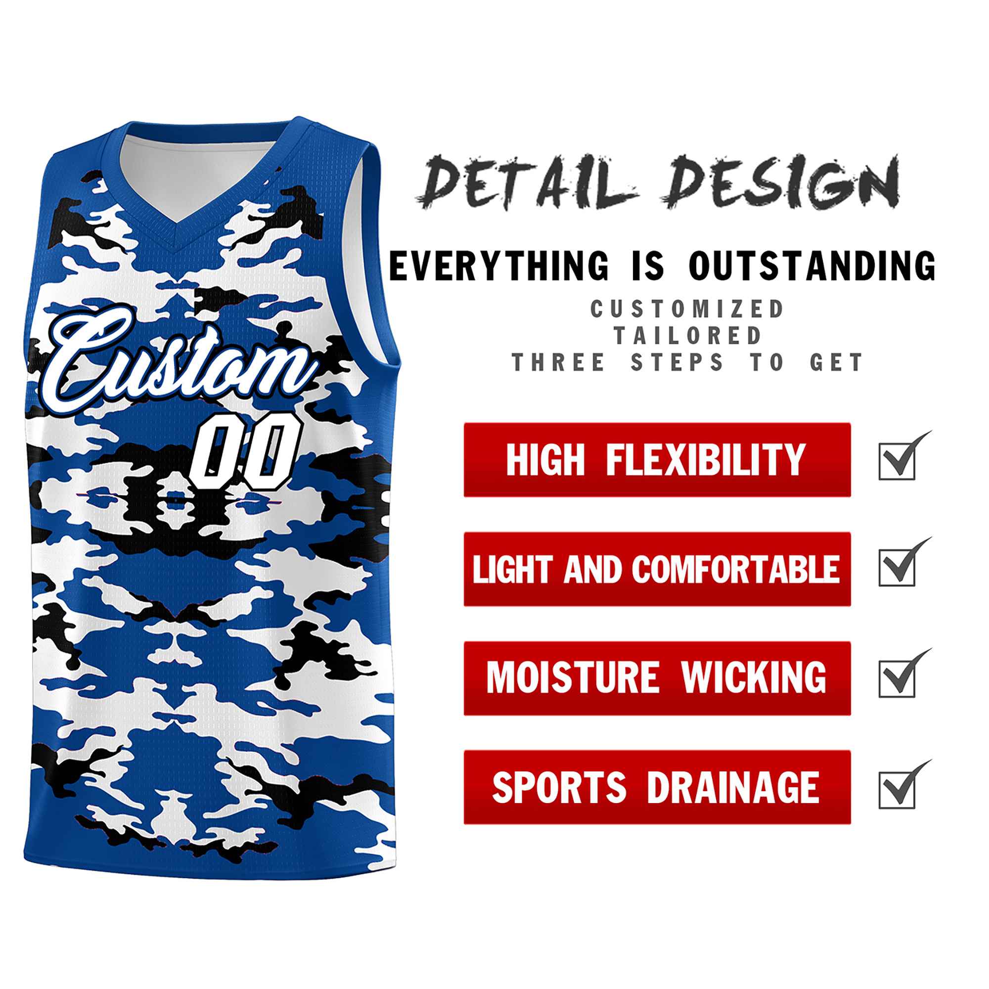 Custom Royal Black-White Personalized Camo Sets Sports Uniform Basketball Jersey