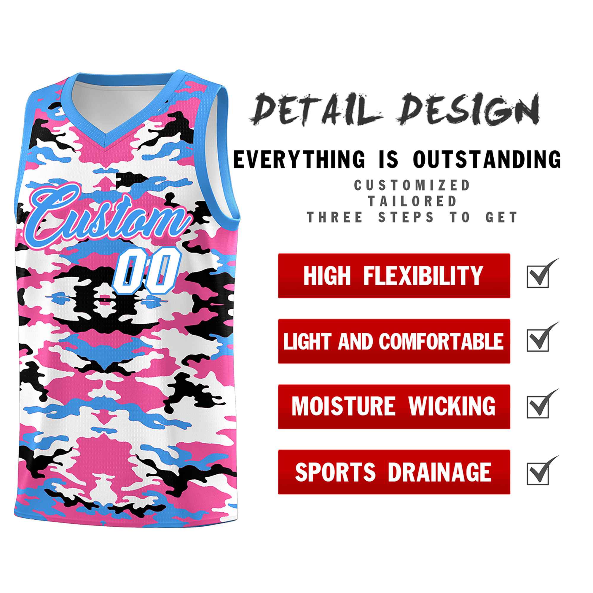 Custom Powder Blue Pink-Black-White Personalized Camo Sets Sports Uniform Basketball Jersey