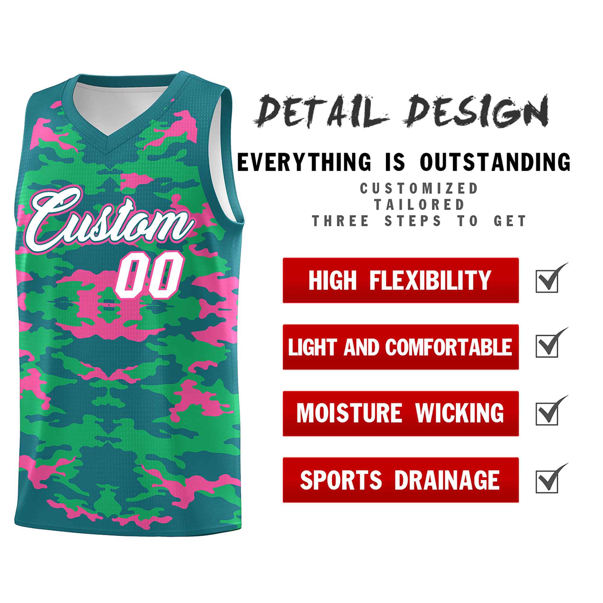 Custom Aqua Pink-Light Green Personalized Camo Sets Sports Uniform Basketball Jersey