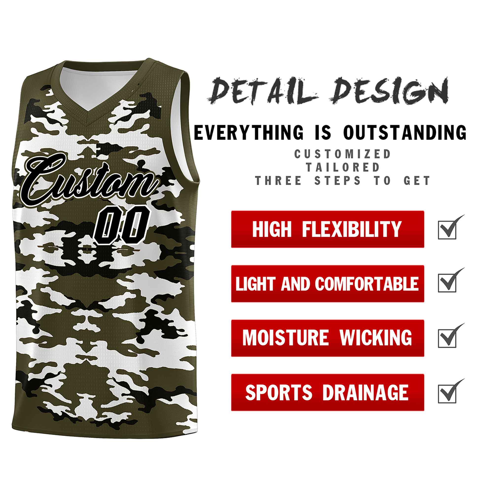 Custom Olive Black-White Personalized Camo Sets Sports Uniform Basketball Jersey