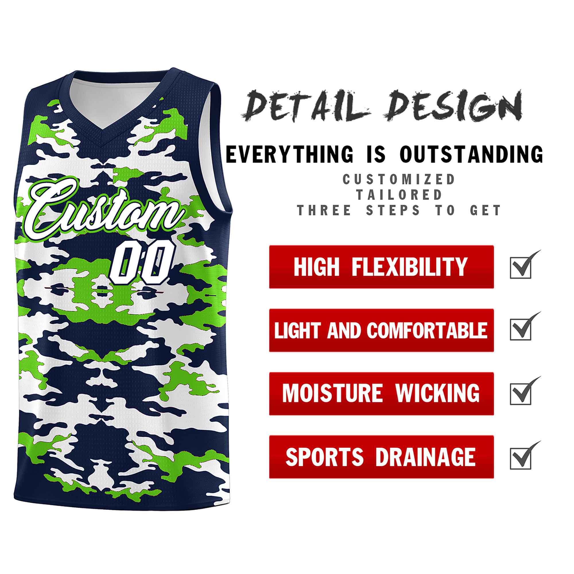 Custom Navy Neon Green-White Personalized Camo Sets Sports Uniform Basketball Jersey