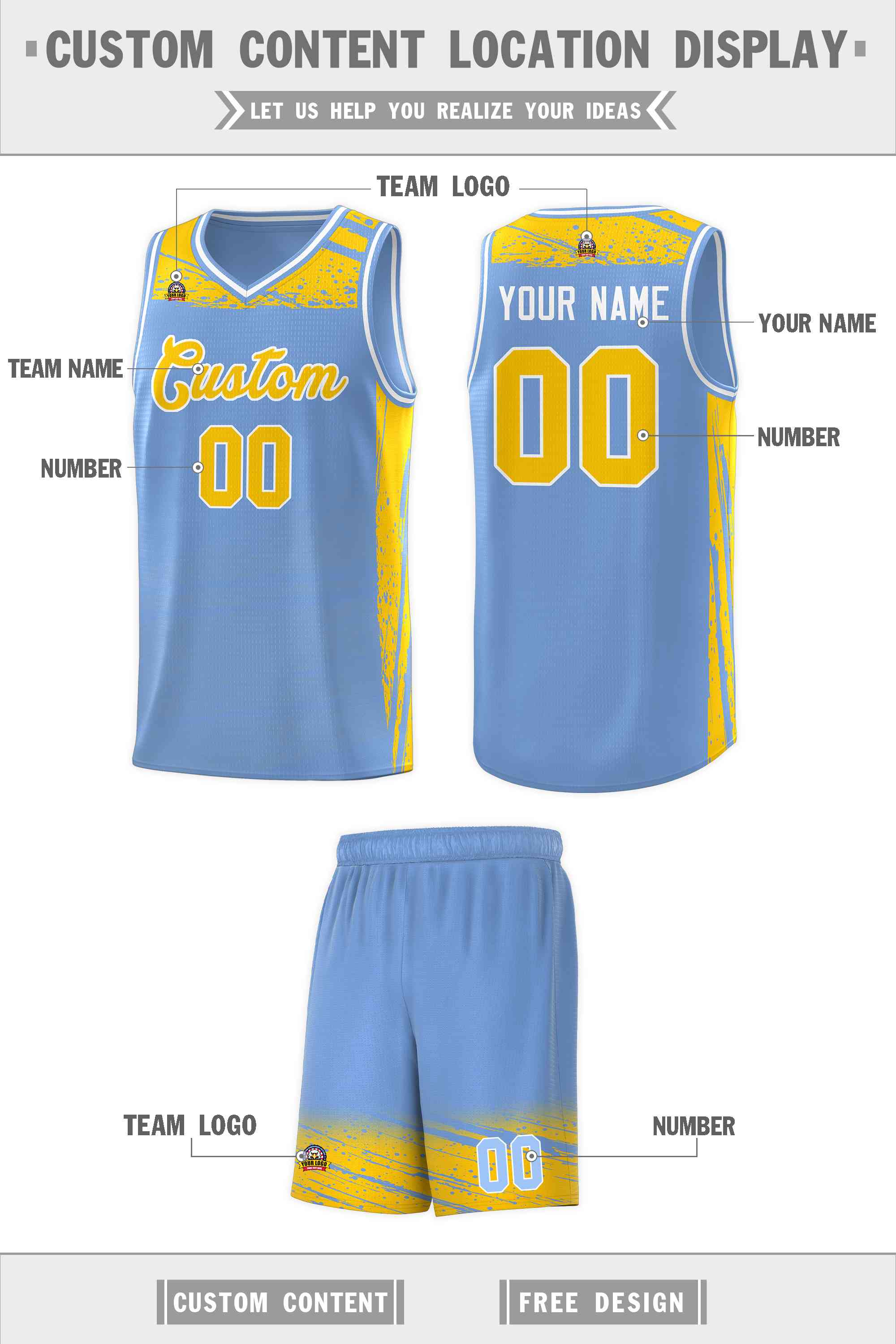 Custom Light Blue Yellow Graffiti Pattern Sports Uniform Basketball Jersey