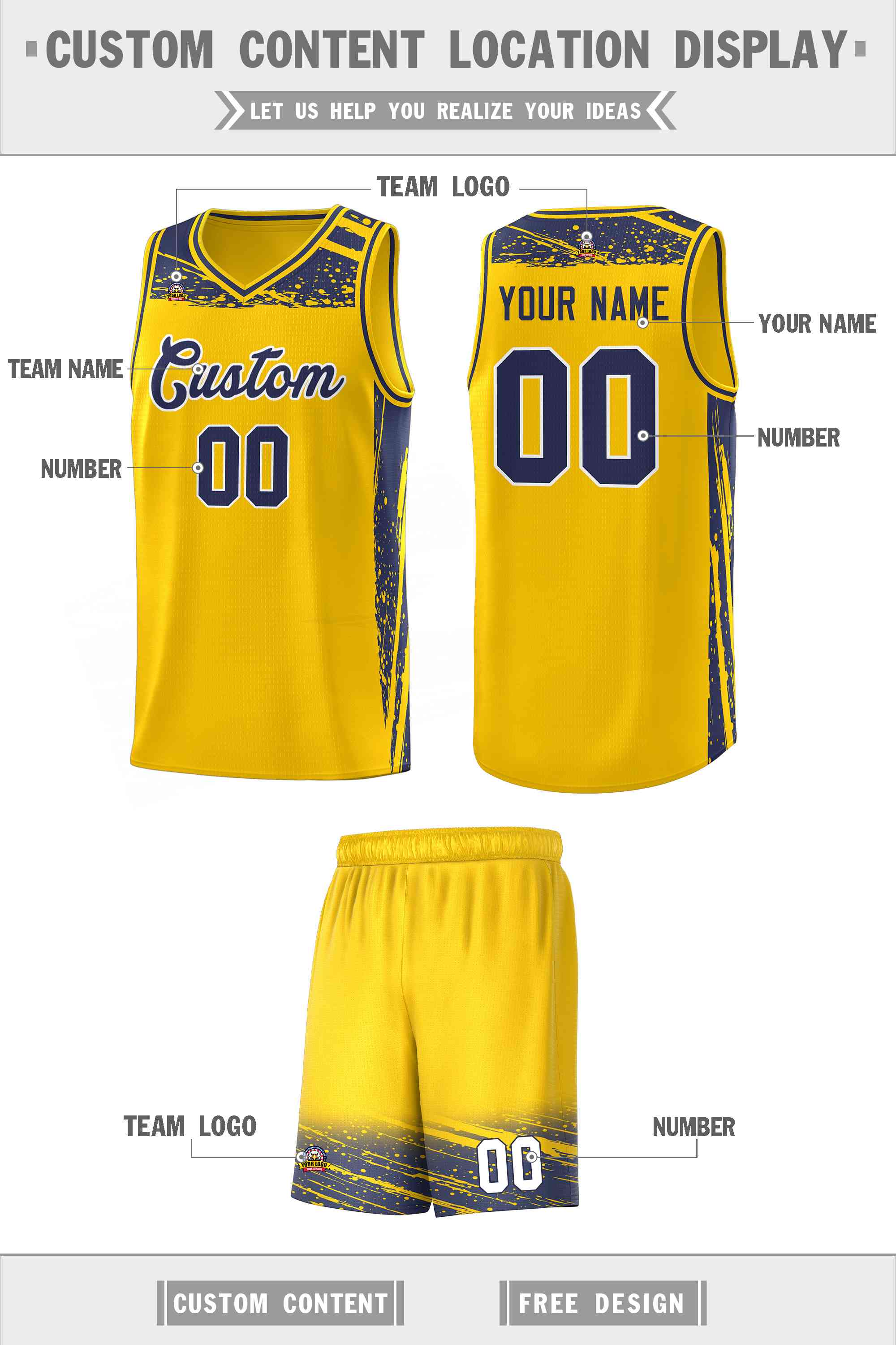 Custom Yellow Navy Graffiti Pattern Sports Uniform Basketball Jersey
