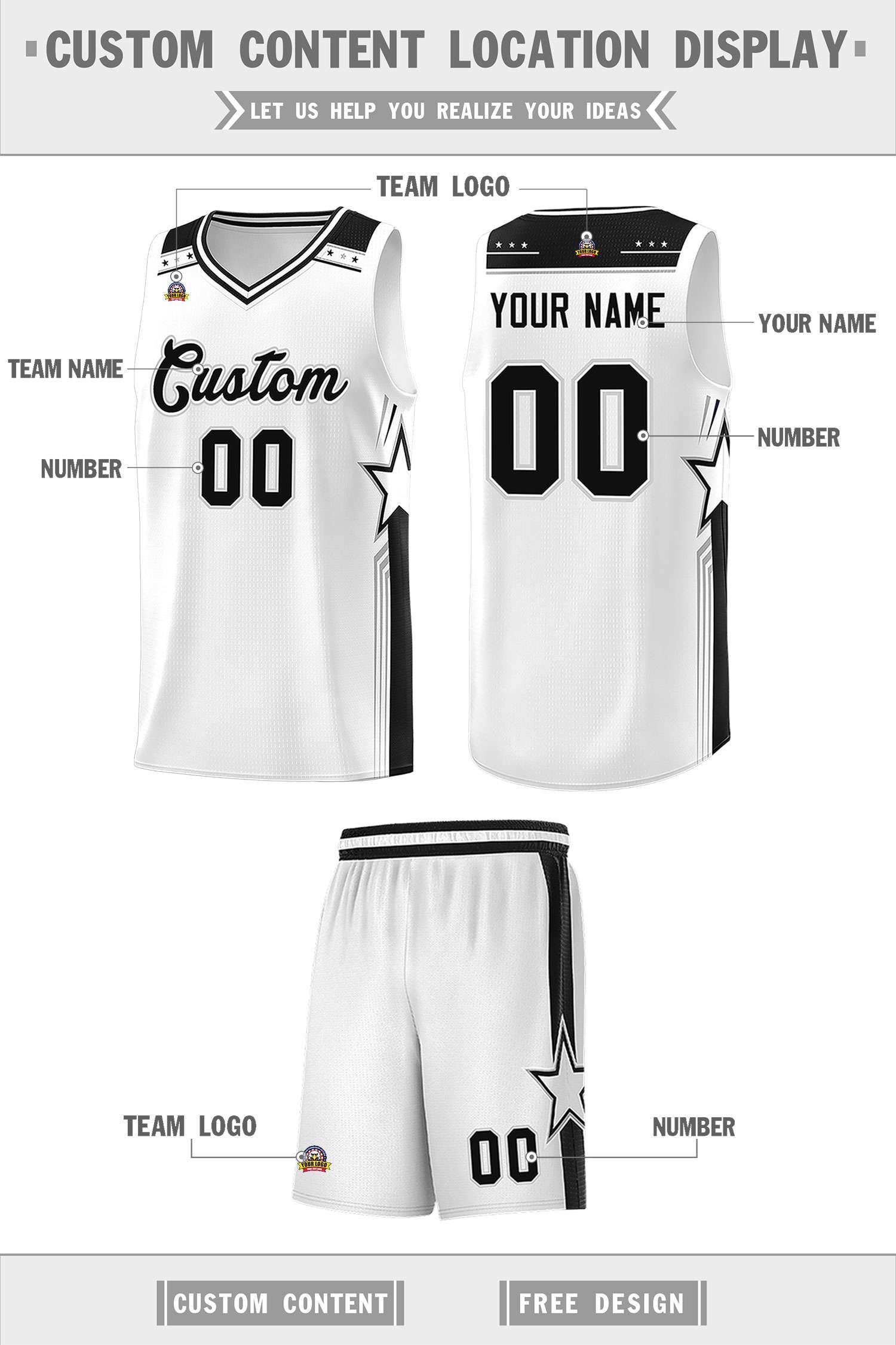 Custom White Black Star Graffiti Pattern Sports Uniform Basketball Jersey