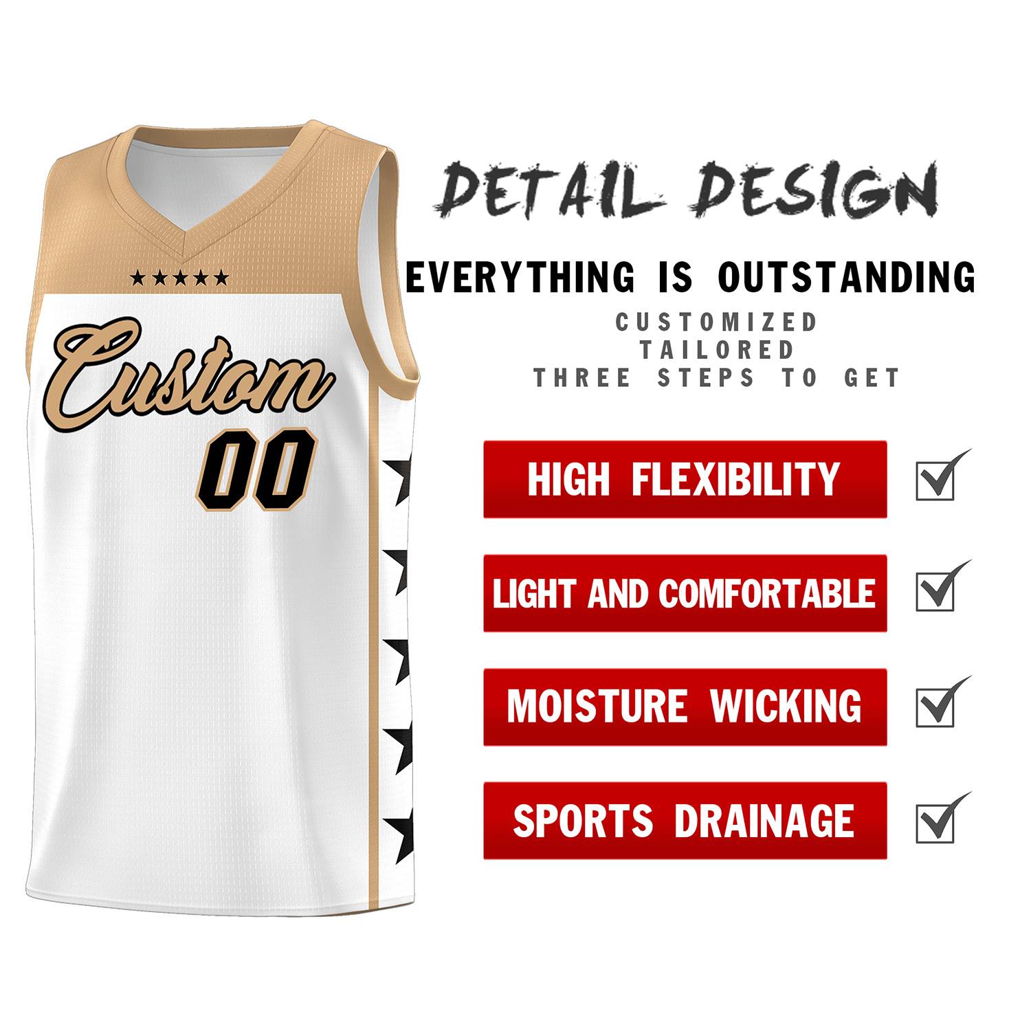 Custom White Old Gold Color Block Sets Sports Uniform Basketball Jersey