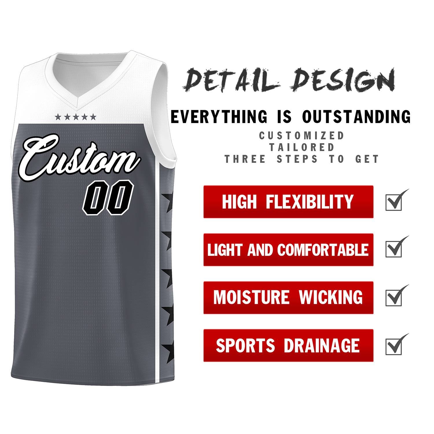 Custom Dark Gray White Color Block Sets Sports Uniform Basketball Jersey