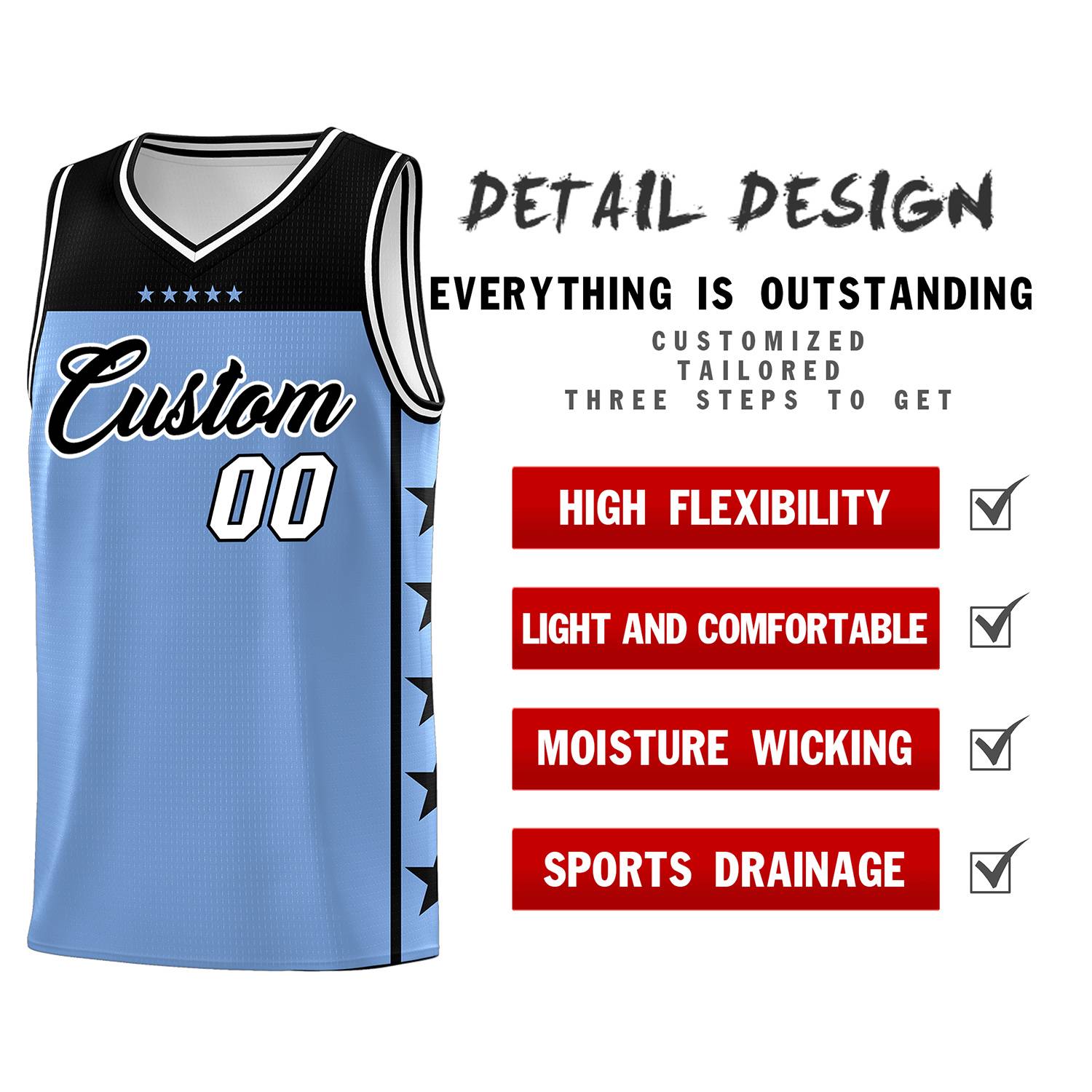 Custom Light Blue Black Color Block Sets Sports Uniform Basketball Jersey