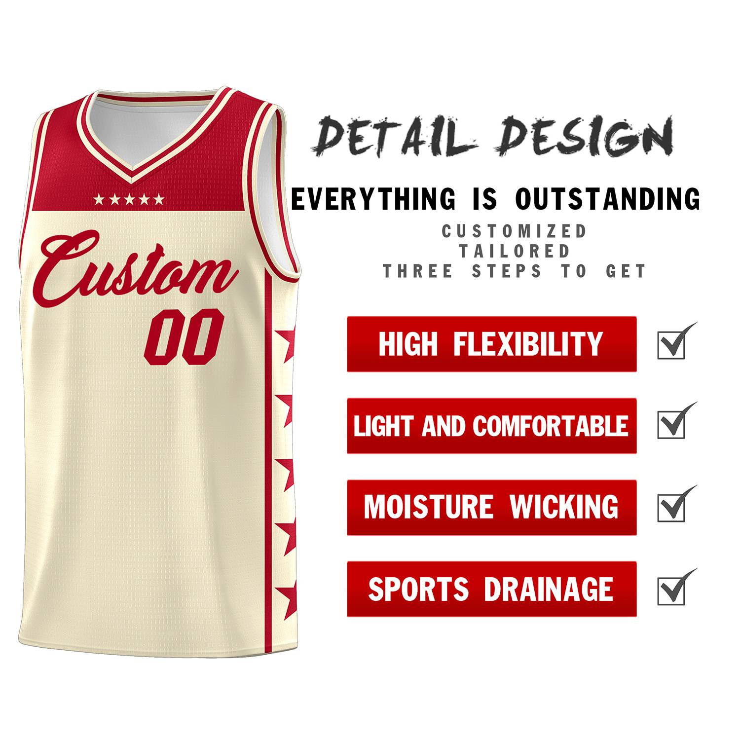 Custom Cream Red Color Block Sets Sports Uniform Basketball Jersey