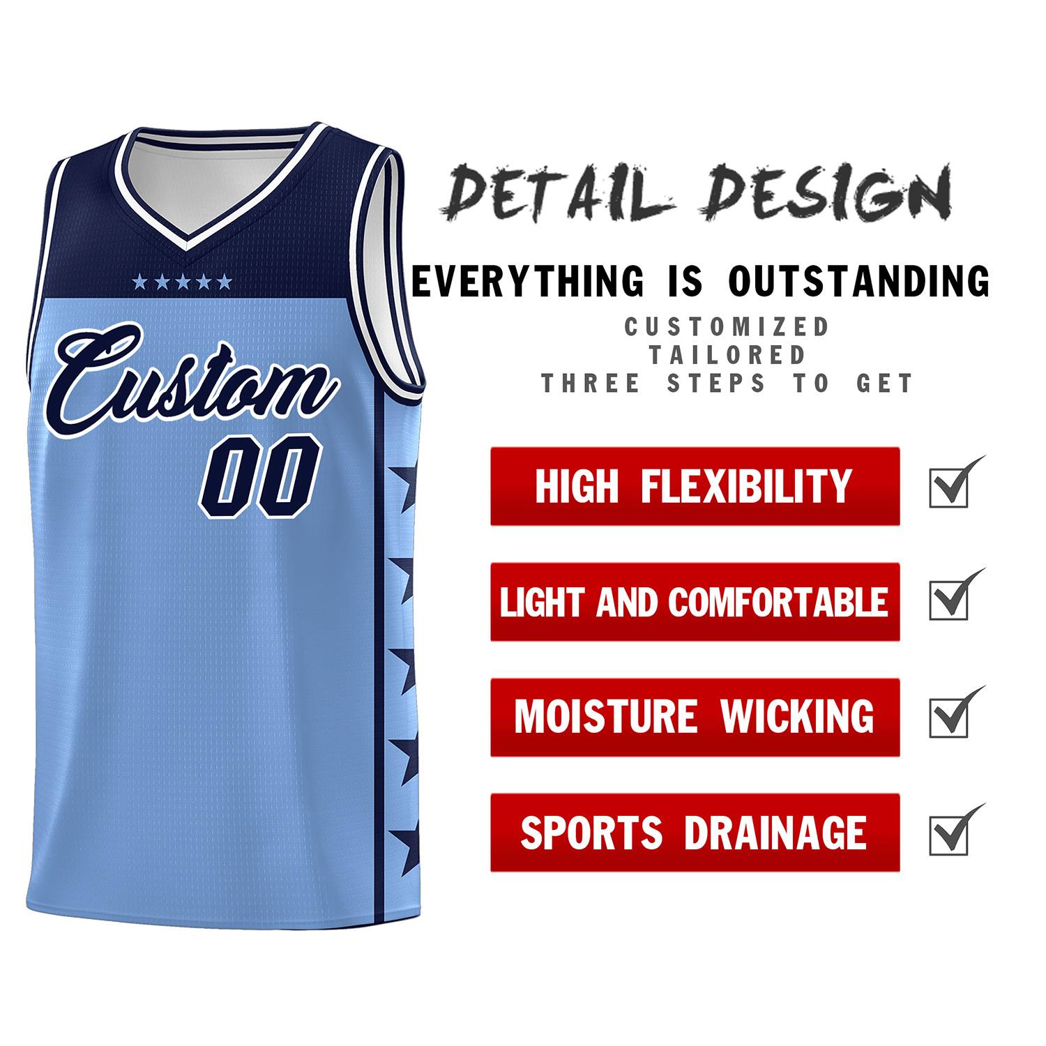 Custom Light Blue Navy Color Block Sets Sports Uniform Basketball Jersey