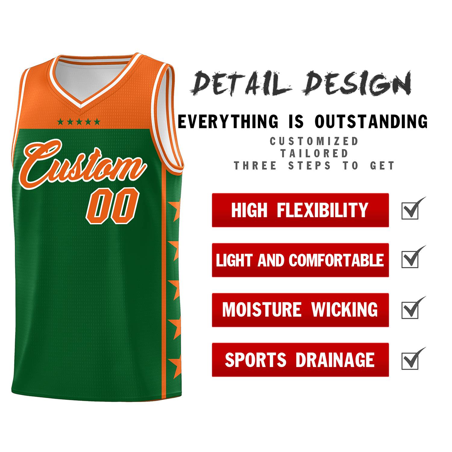 Custom Kelly Green Orange Color Block Sets Sports Uniform Basketball Jersey