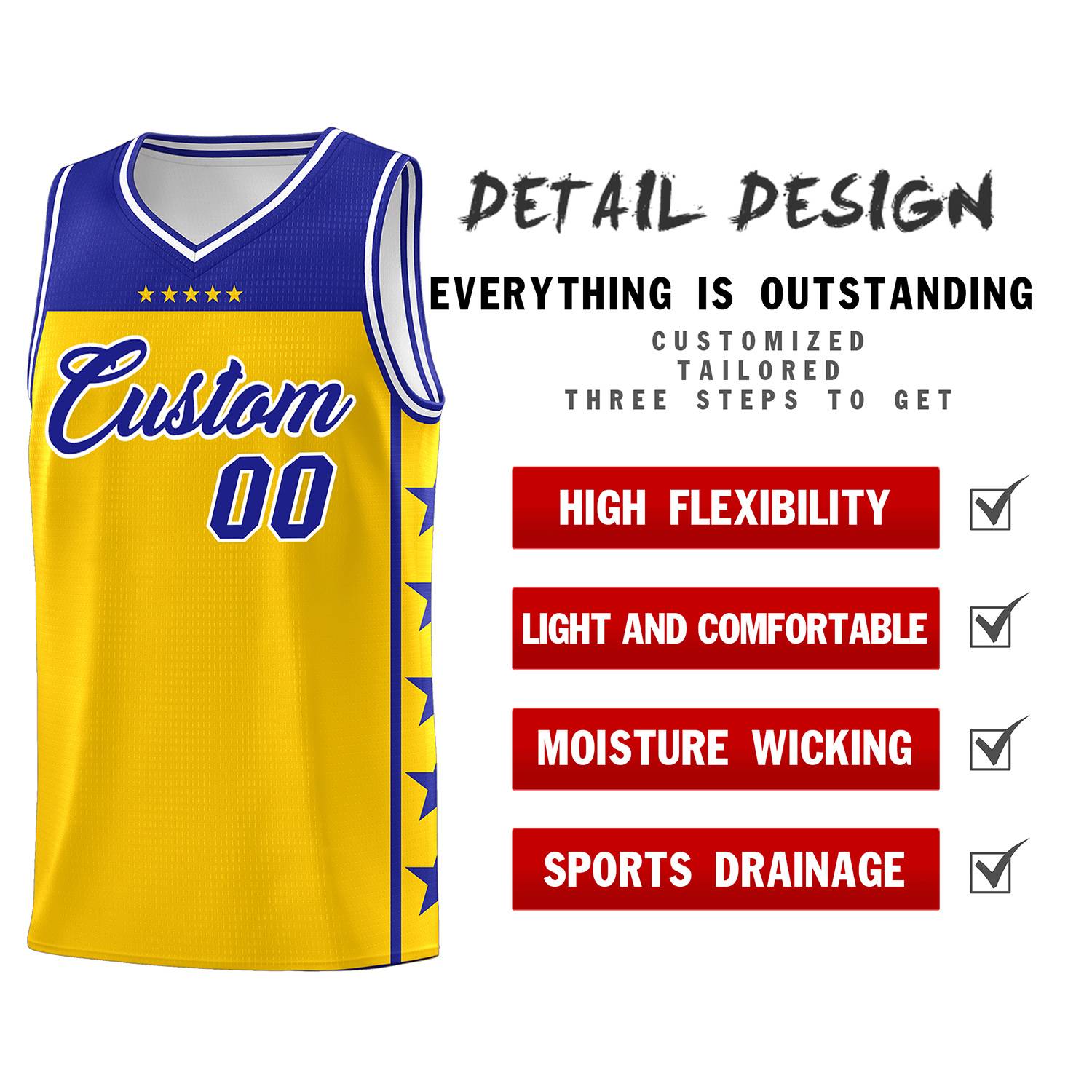 Custom Gold Royal Color Block Sets Sports Uniform Basketball Jersey