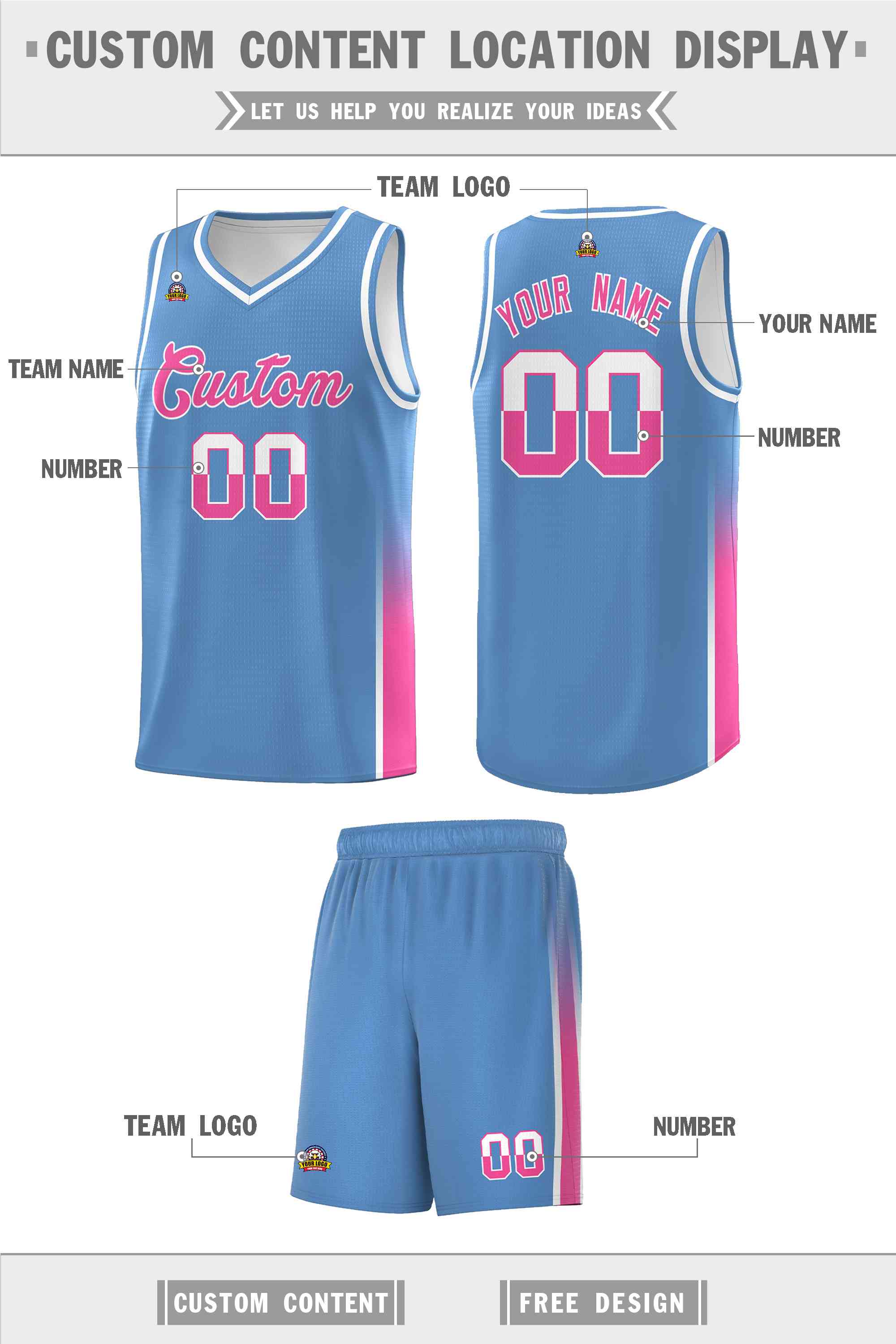 Custom Light Blue White-Pink Personalized Two Tone Font Sports Uniform Basketball Jersey