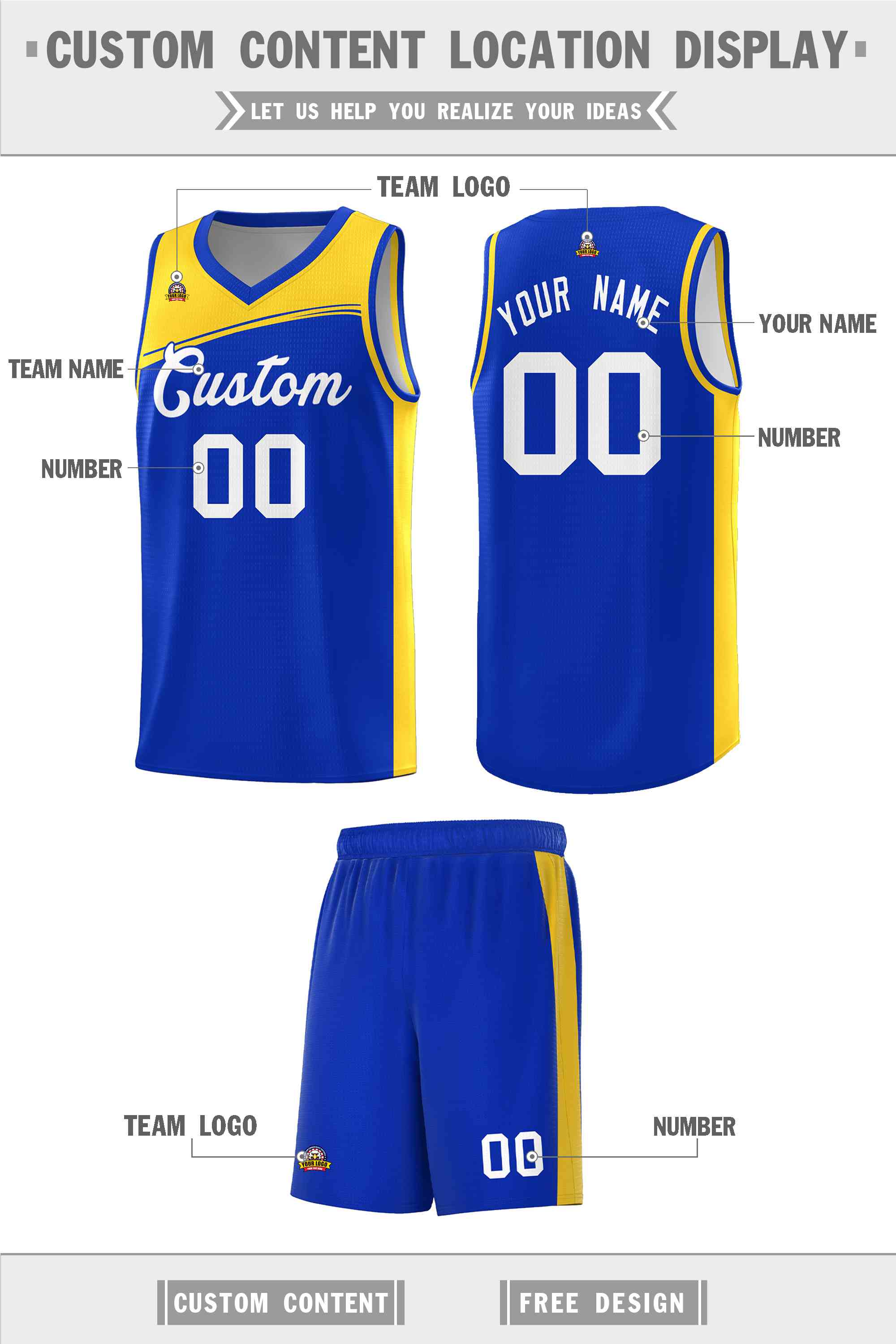 Custom Royal Gold-White Color Block Sports Uniform Basketball Jersey