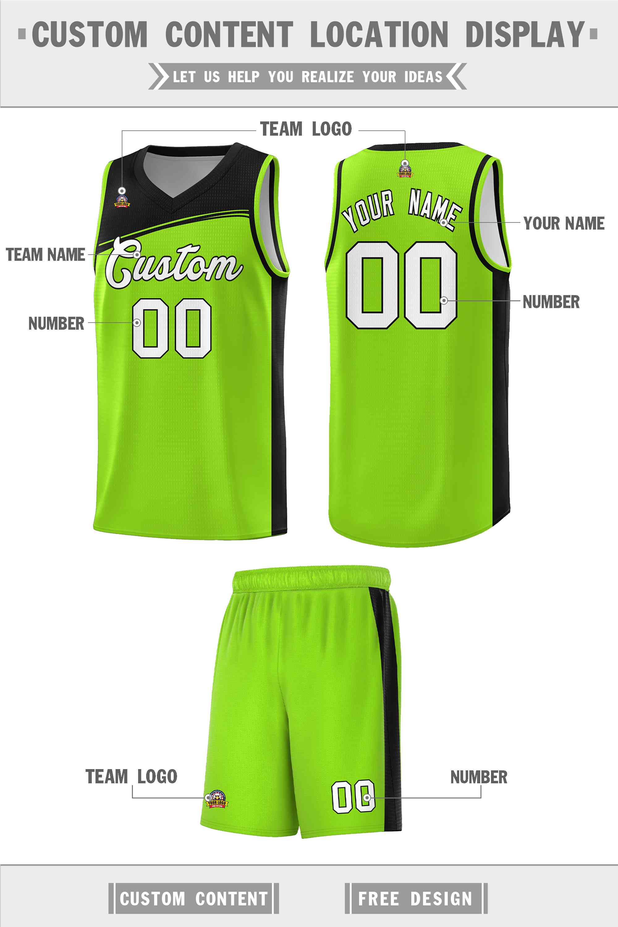 Custom Neon Green Black-White Color Block Sports Uniform Basketball Jersey