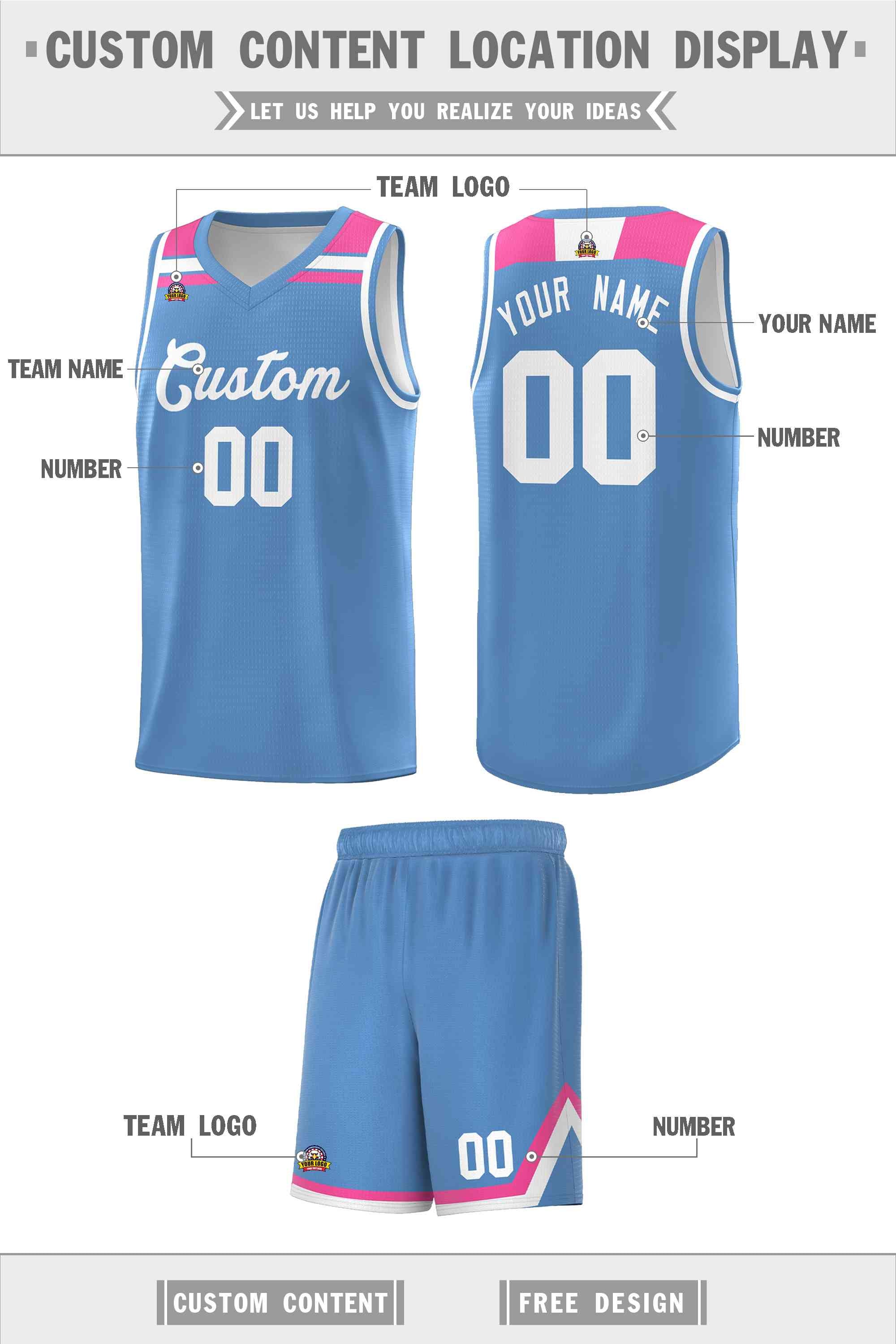 Custom Light Blue White-Pink Classic Sports Uniform Basketball Jersey