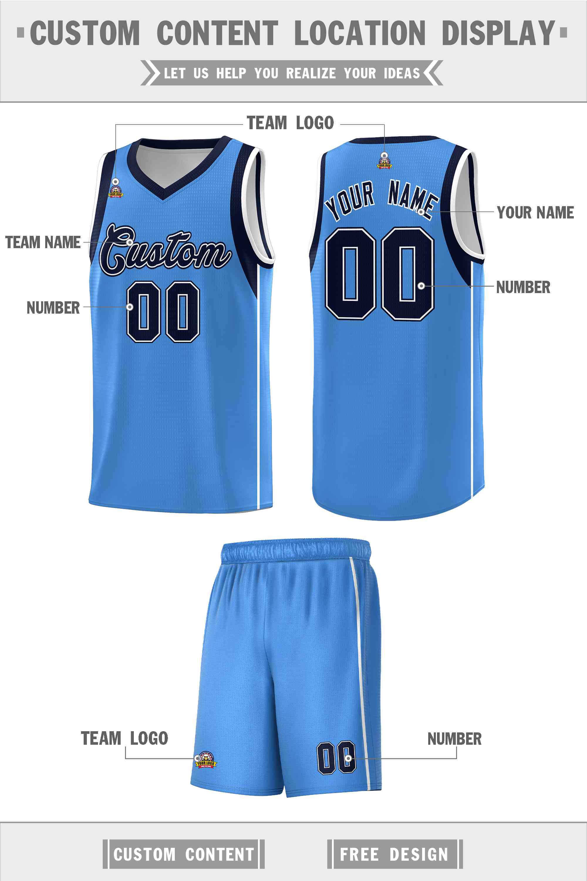Custom Powder Blue Navy-White Sleeve Colorblocking Classic Sports Uniform Basketball Jersey