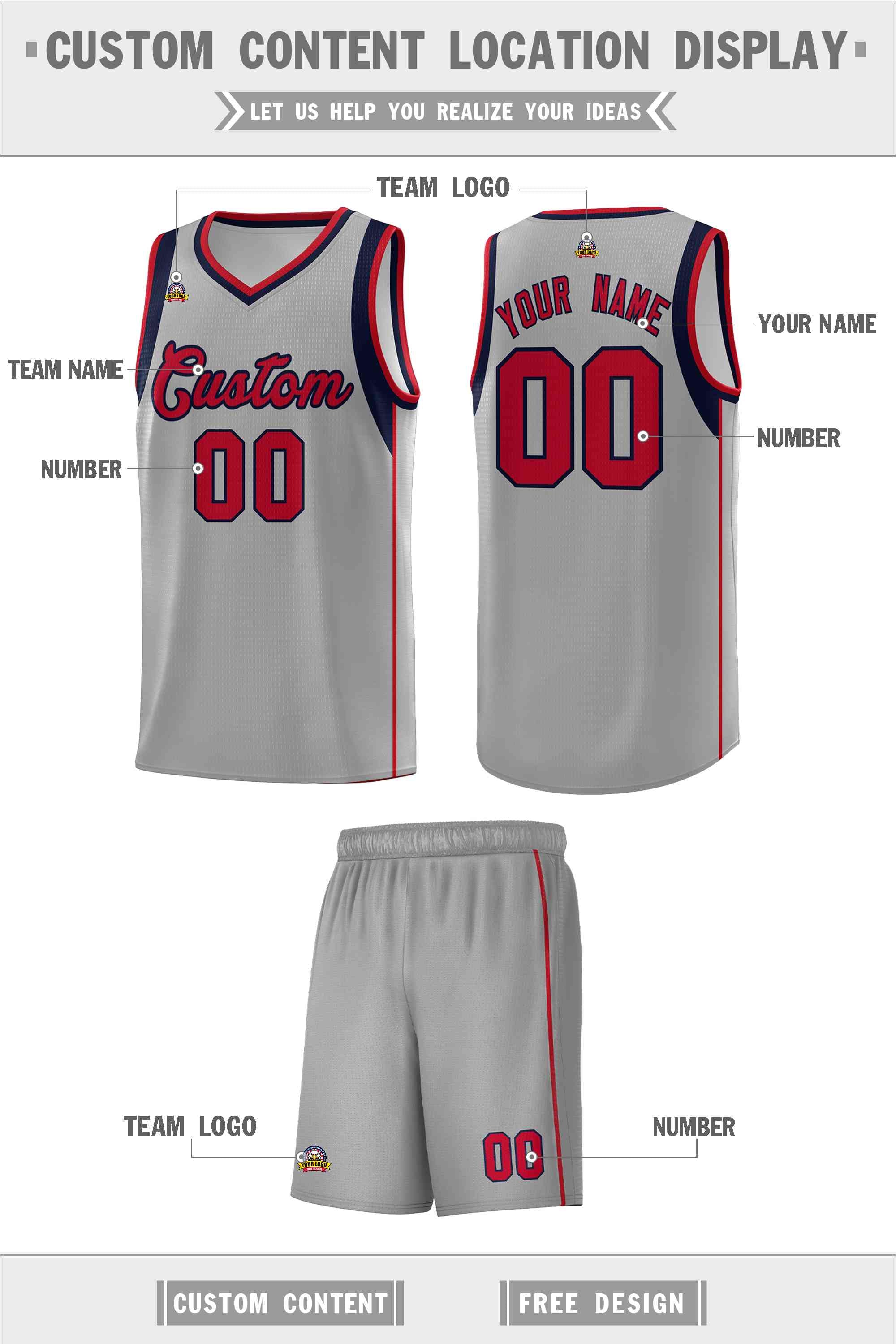 Custom Gray Navy-Red Sleeve Colorblocking Classic Sports Uniform Basketball Jersey