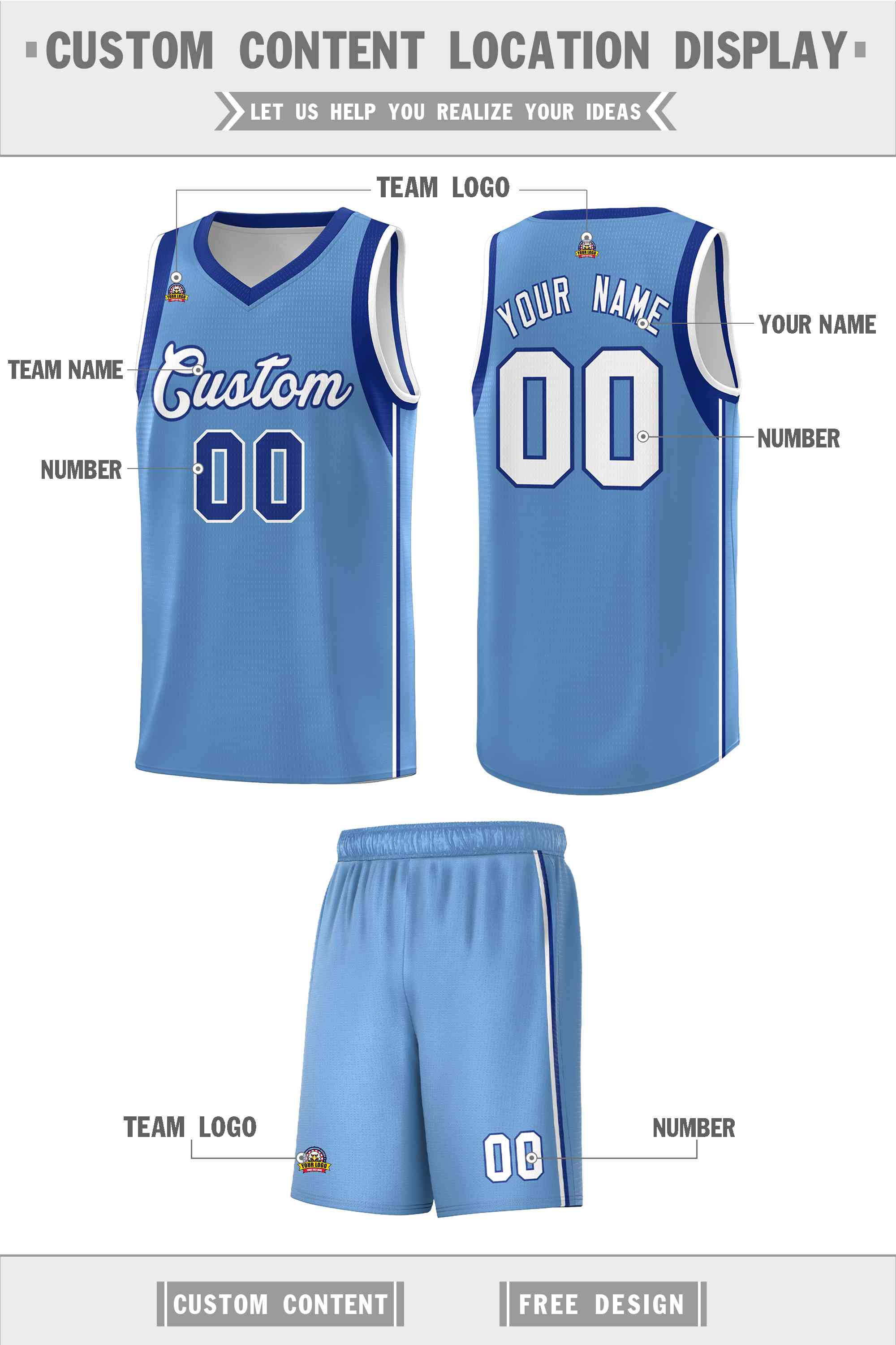 Custom Powder Blue Royal-White Sleeve Colorblocking Classic Sports Uniform Basketball Jersey