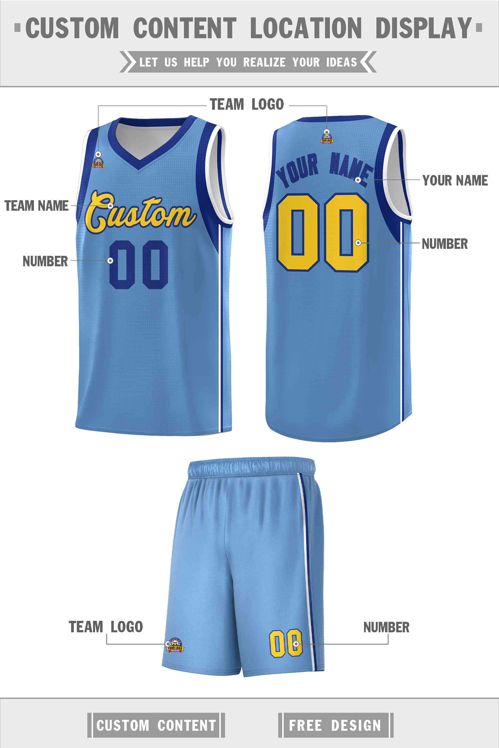 Custom Powder Blue Royal-Gold Sleeve Colorblocking Classic Sports Uniform Basketball Jersey