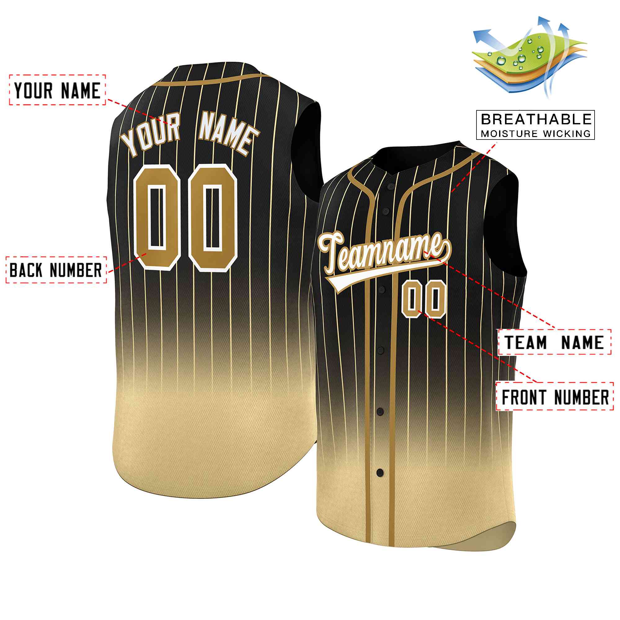 Custom Black Khaki Gradient stripe Fashion Authentic Sleeveless Baseball Jersey