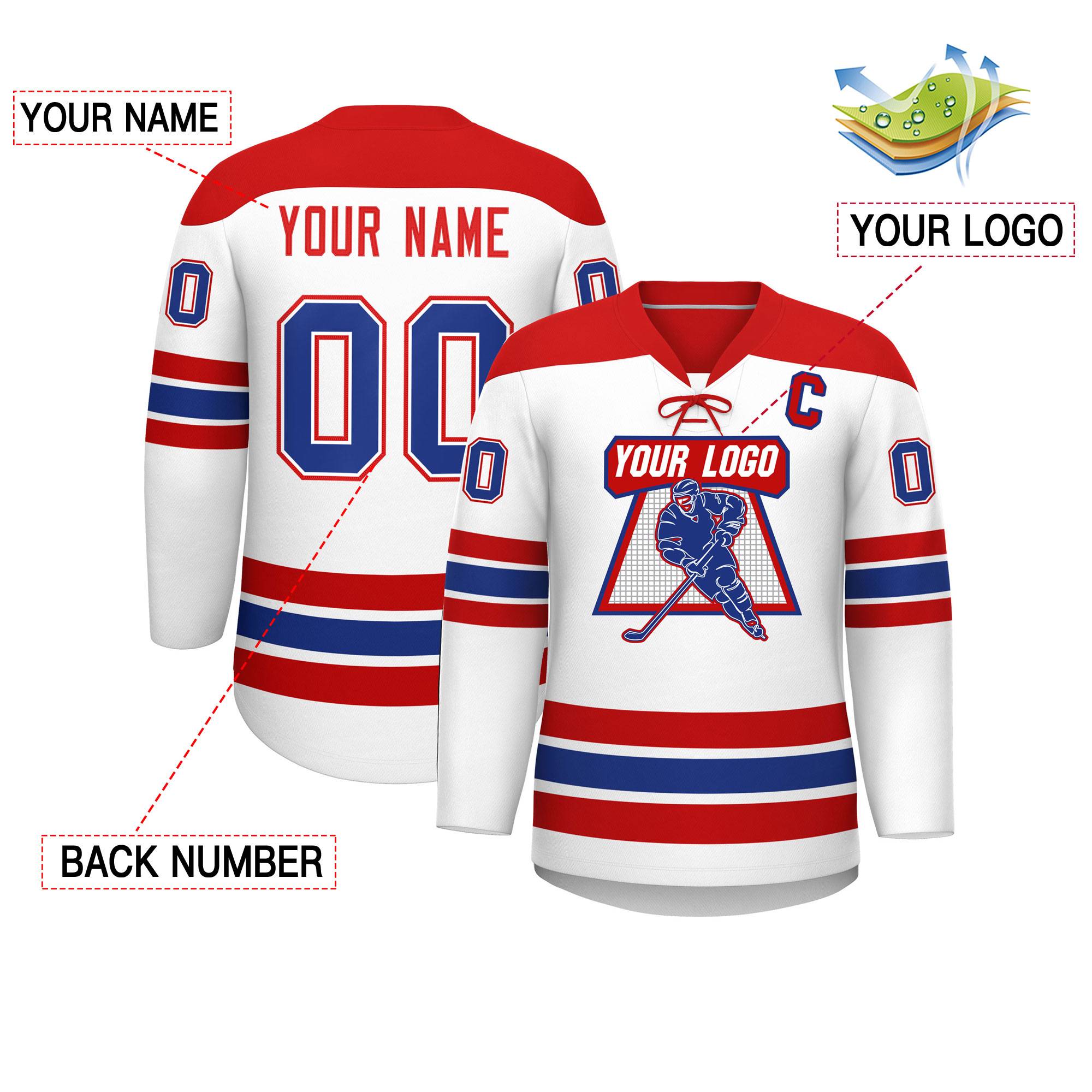 Custom White Red Royal Personalized Classic Lace-Up Neck Hockey Jersey