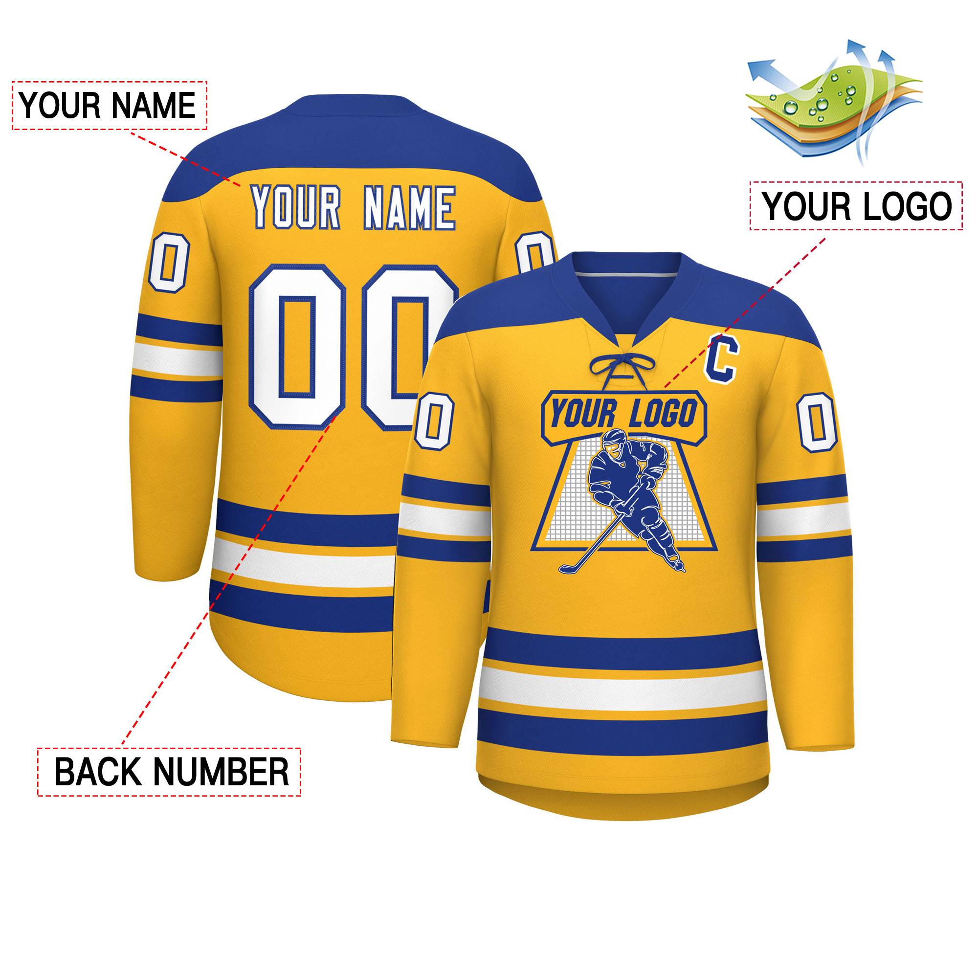 Custom Gold Royal White Personalized Classic Lace-Up Neck Hockey Jersey