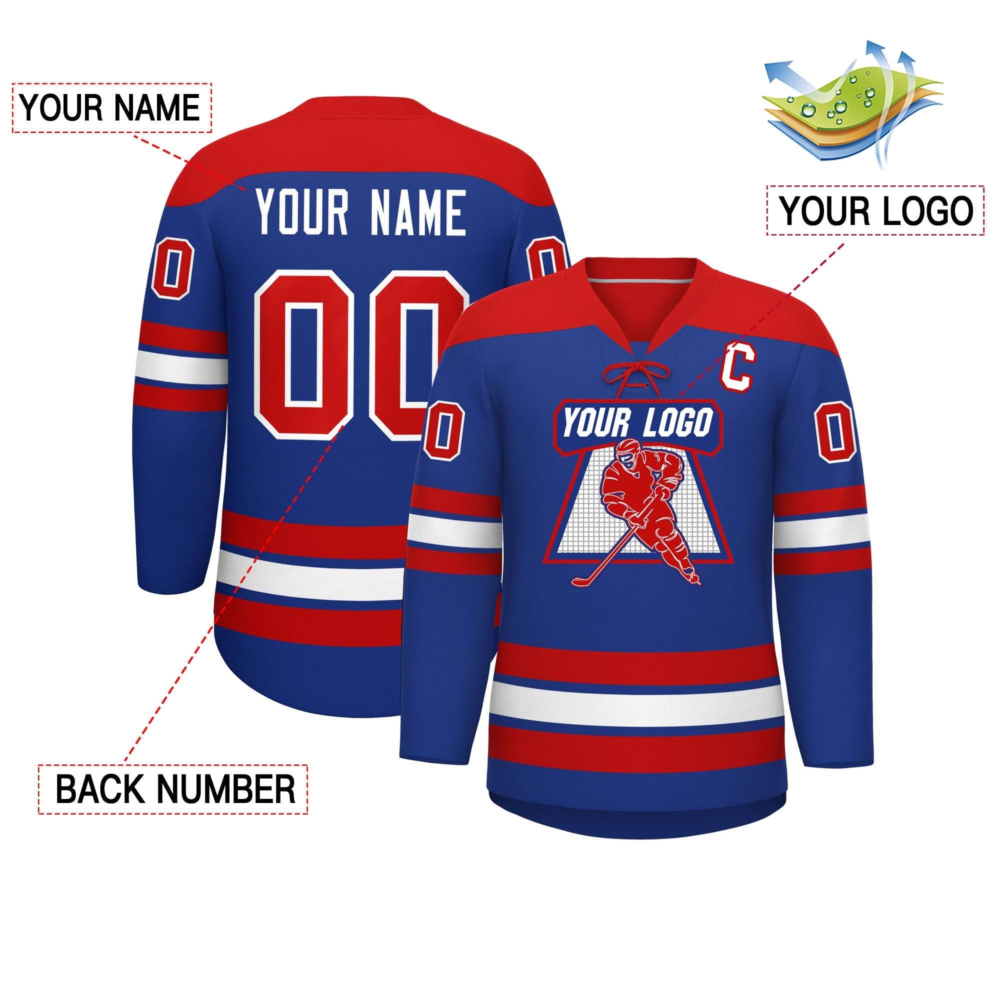 Custom Royal Red White Personalized Classic Lace-Up Neck Hockey Jersey