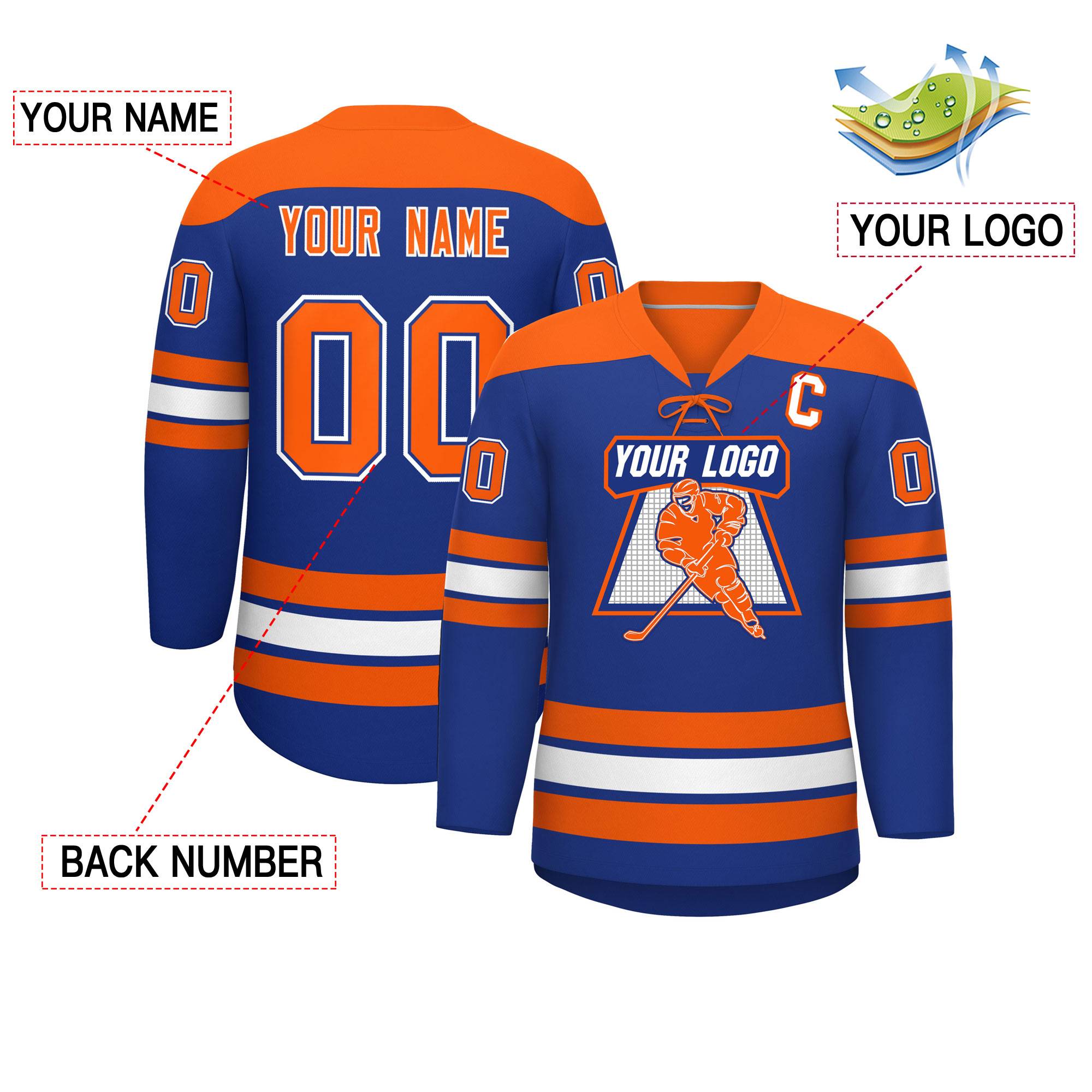 Custom Royal Orange White Personalized Classic Lace-Up Neck Hockey Jersey