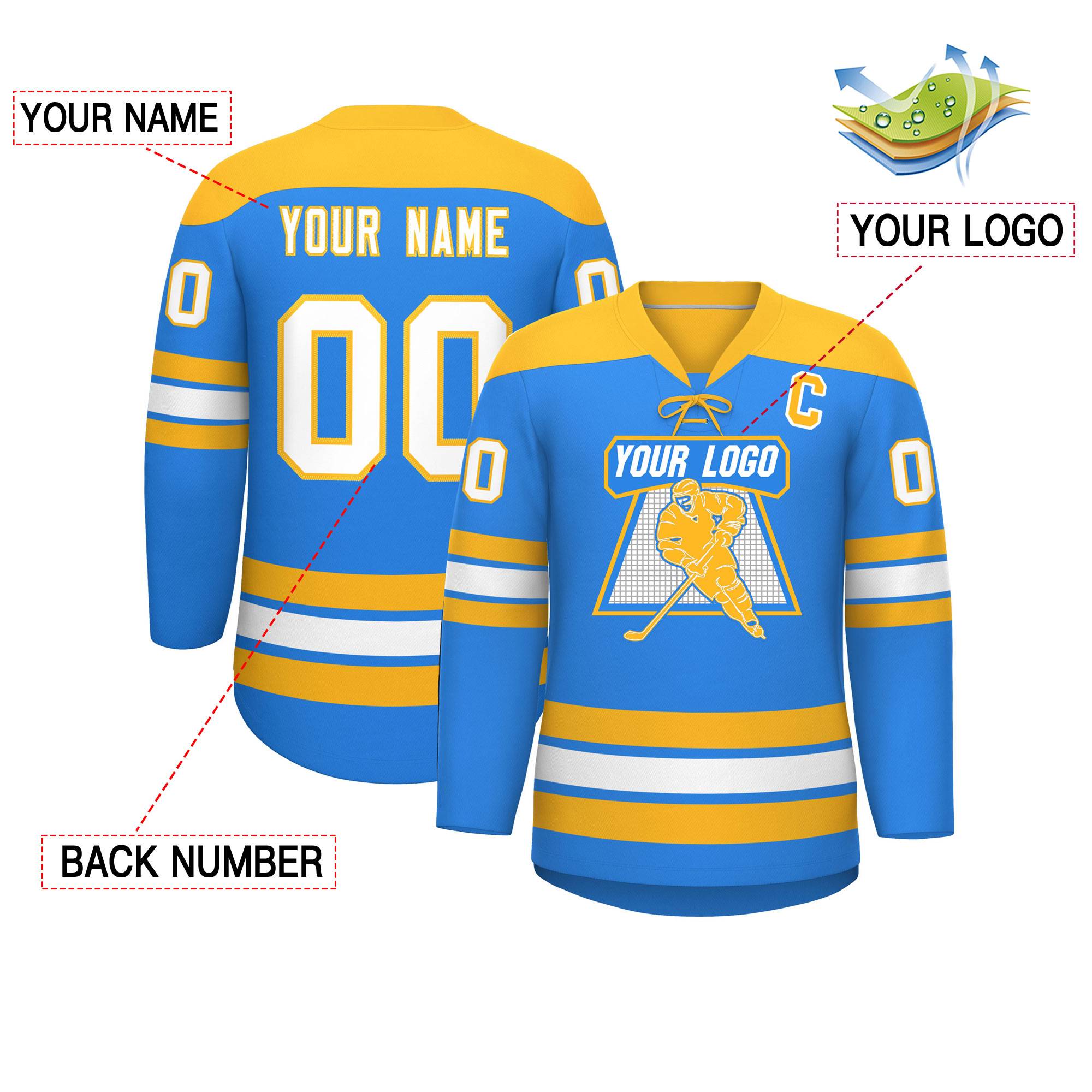 Custom Powder Blue Gold White Personalized Classic Lace-Up Neck Hockey Jersey