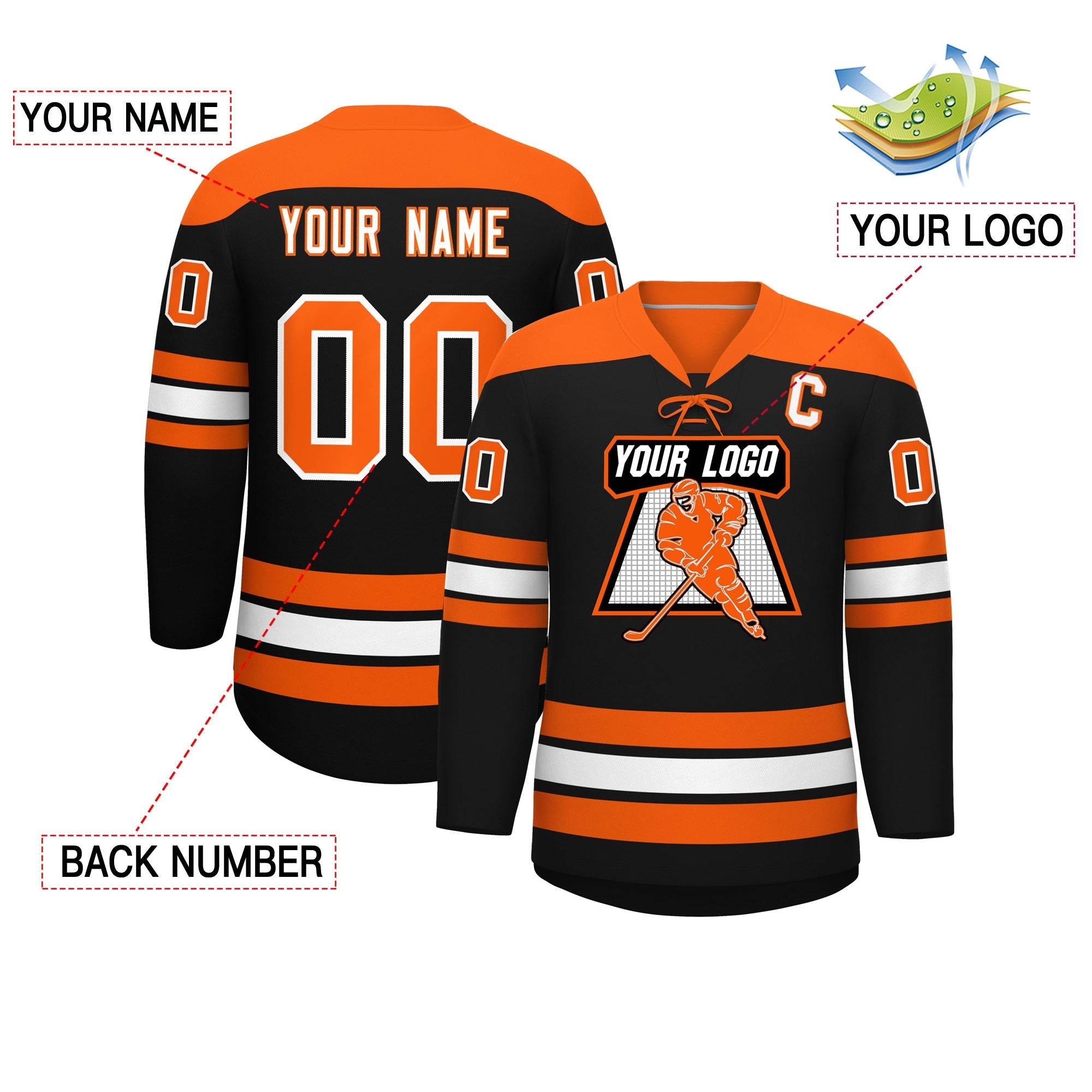 Custom Black Orange White Personalized Classic Lace-Up Neck Hockey Jersey