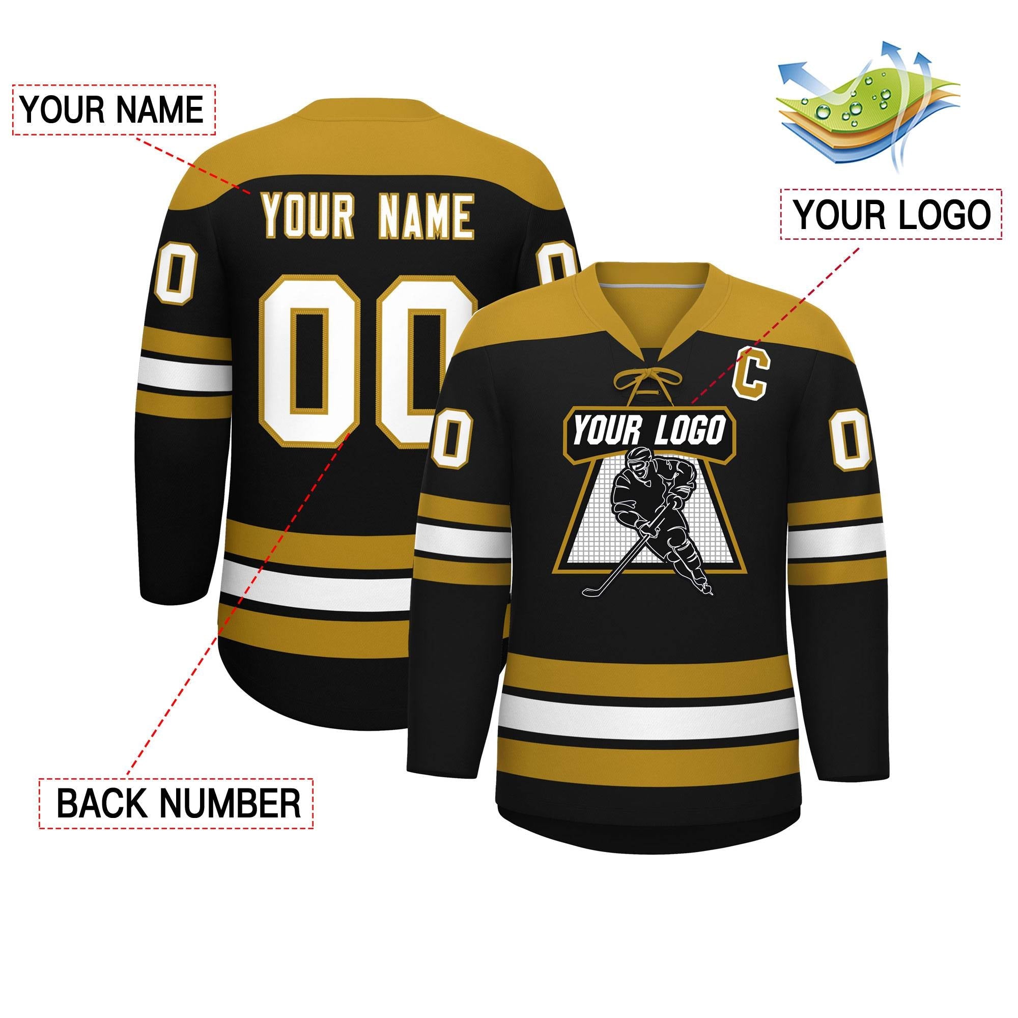 Custom Black Old Gold White Personalized Classic Lace-Up Neck Hockey Jersey