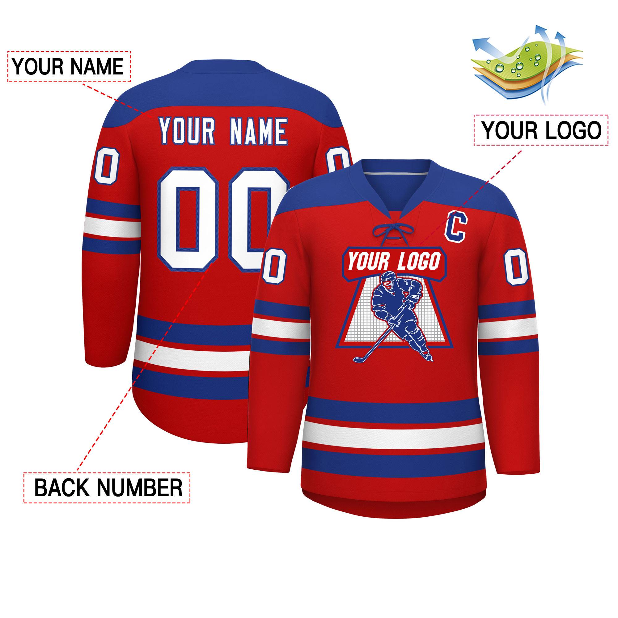 Custom Red Royal White Personalized Classic Lace-Up Neck Hockey Jersey