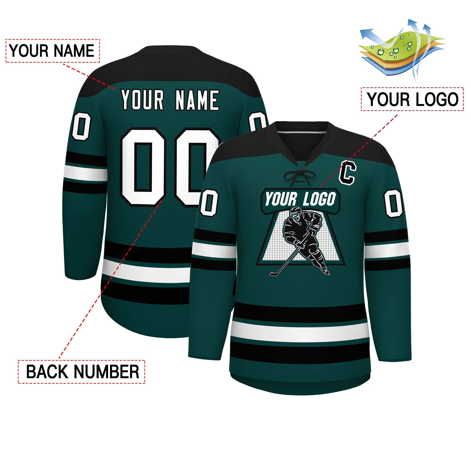 Custom Midnight Green Black White Personalized Classic Lace-Up Neck Hockey Jersey