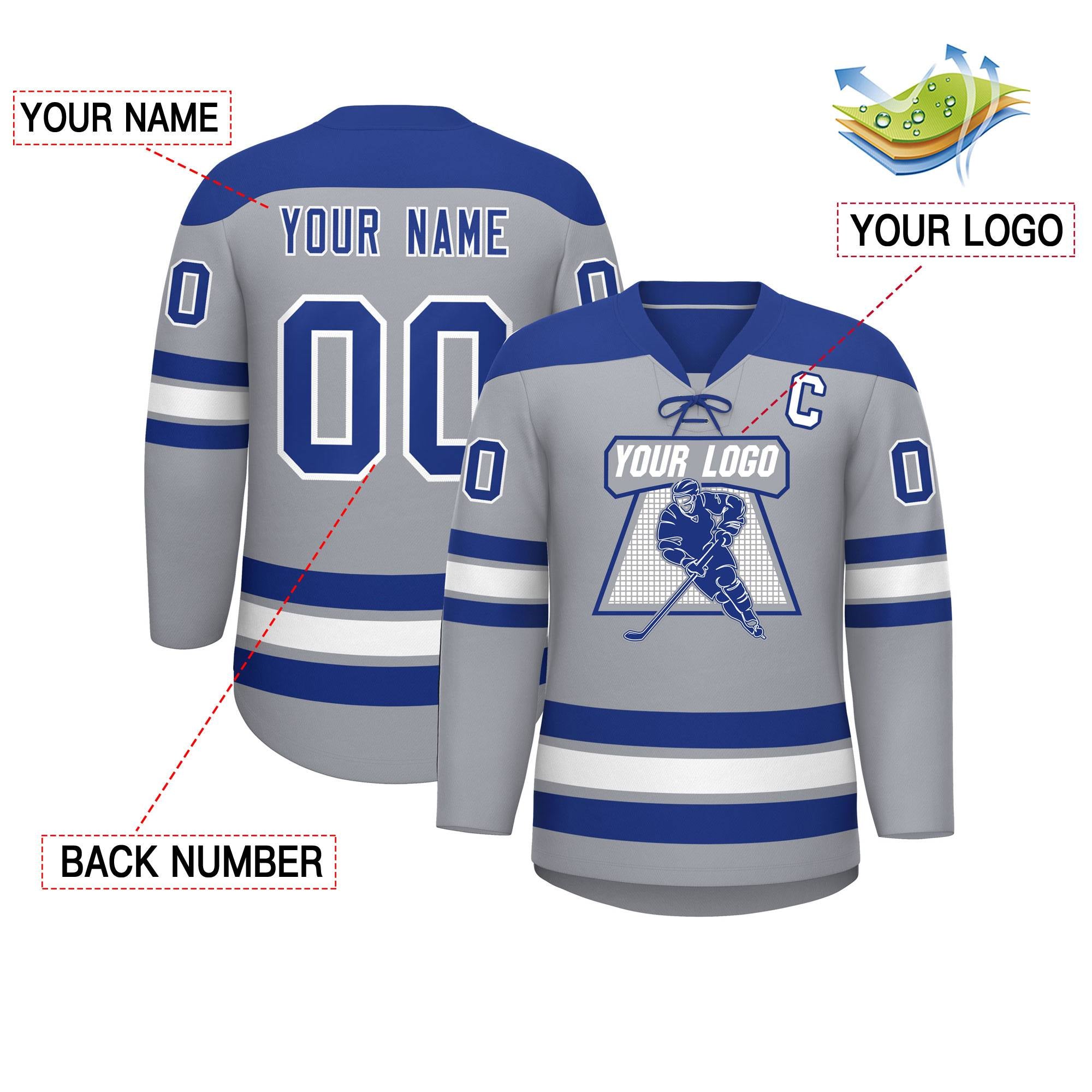 Custom Gray Royal White Personalized Classic Lace-Up Neck Hockey Jersey