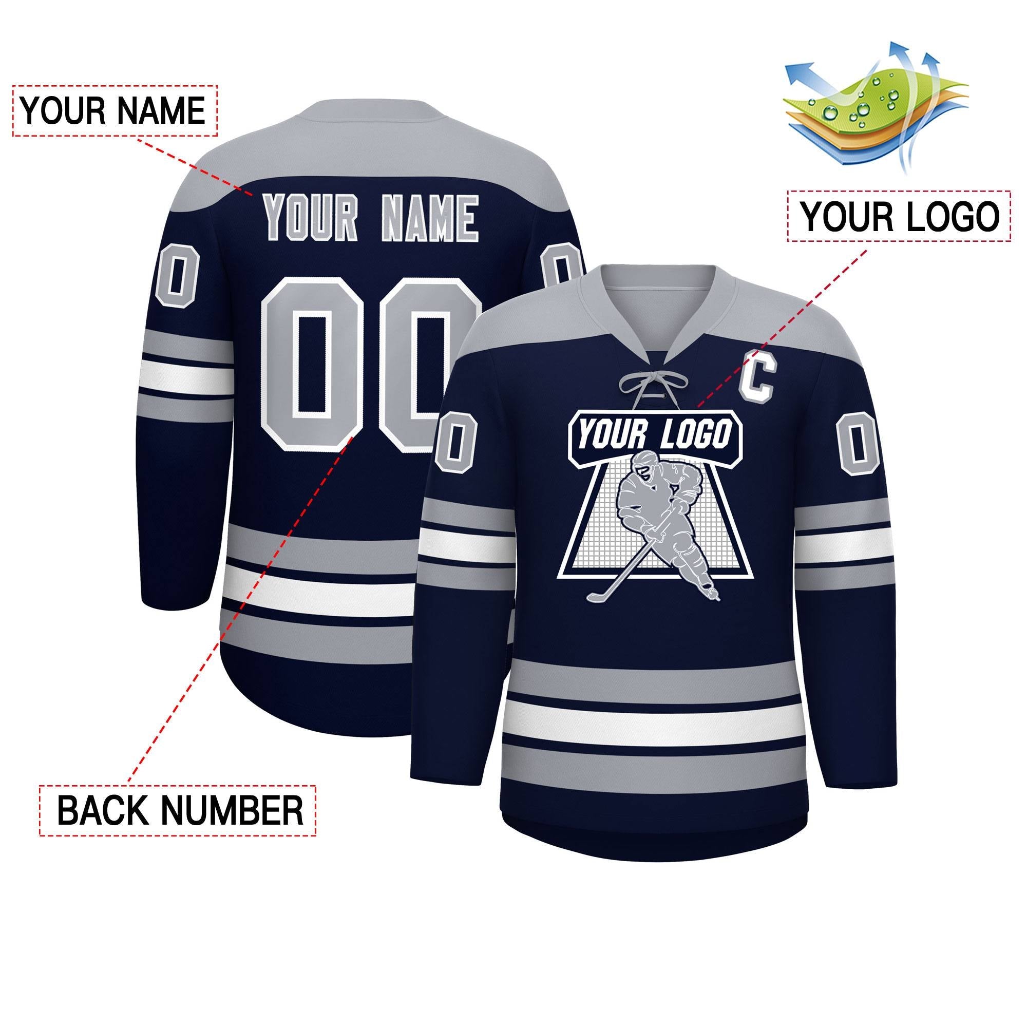 Custom Navy Gray White Personalized Classic Lace-Up Neck Hockey Jersey