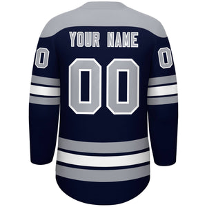 Custom Navy Gray White Personalized Classic Lace-Up Neck Hockey Jersey