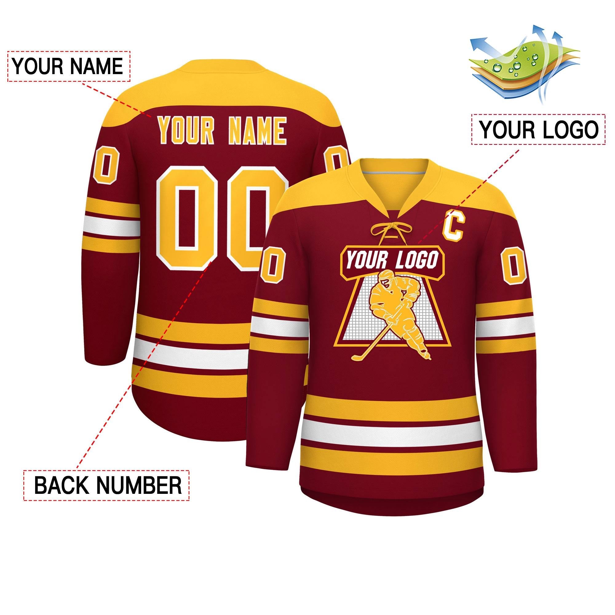 Custom Crimson Gold White Personalized Classic Lace-Up Neck Hockey Jersey