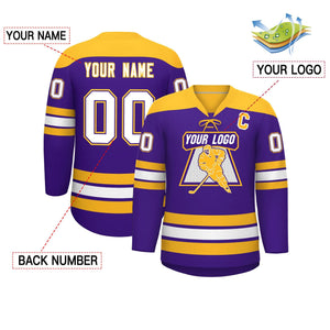 Custom Purple Gold White Personalized Classic Lace-Up Neck Hockey Jersey