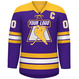 Custom Purple Gold White Personalized Classic Lace-Up Neck Hockey Jersey