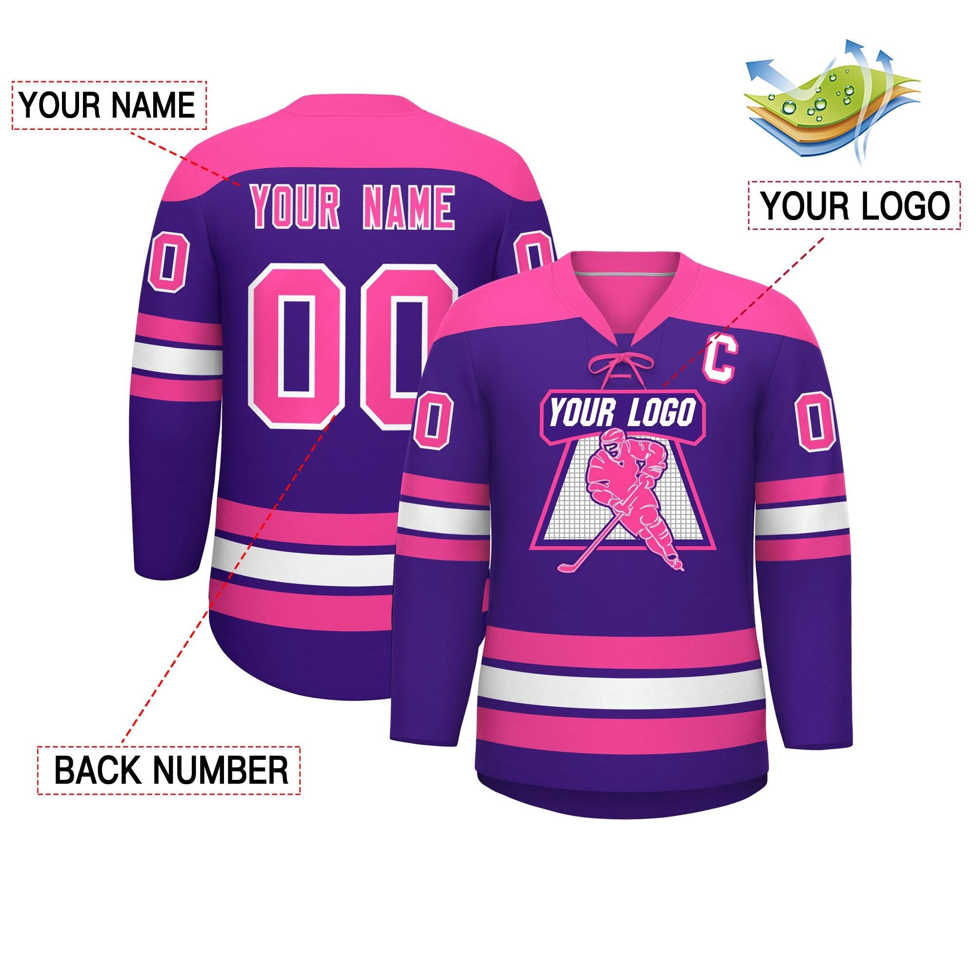 Custom Purple Pink White Personalized Classic Lace-Up Neck Hockey Jersey