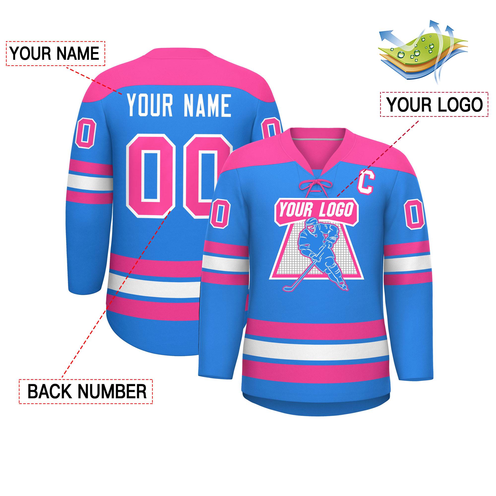 Custom Powder Blue Pink White Personalized Classic Lace-Up Neck Hockey Jersey